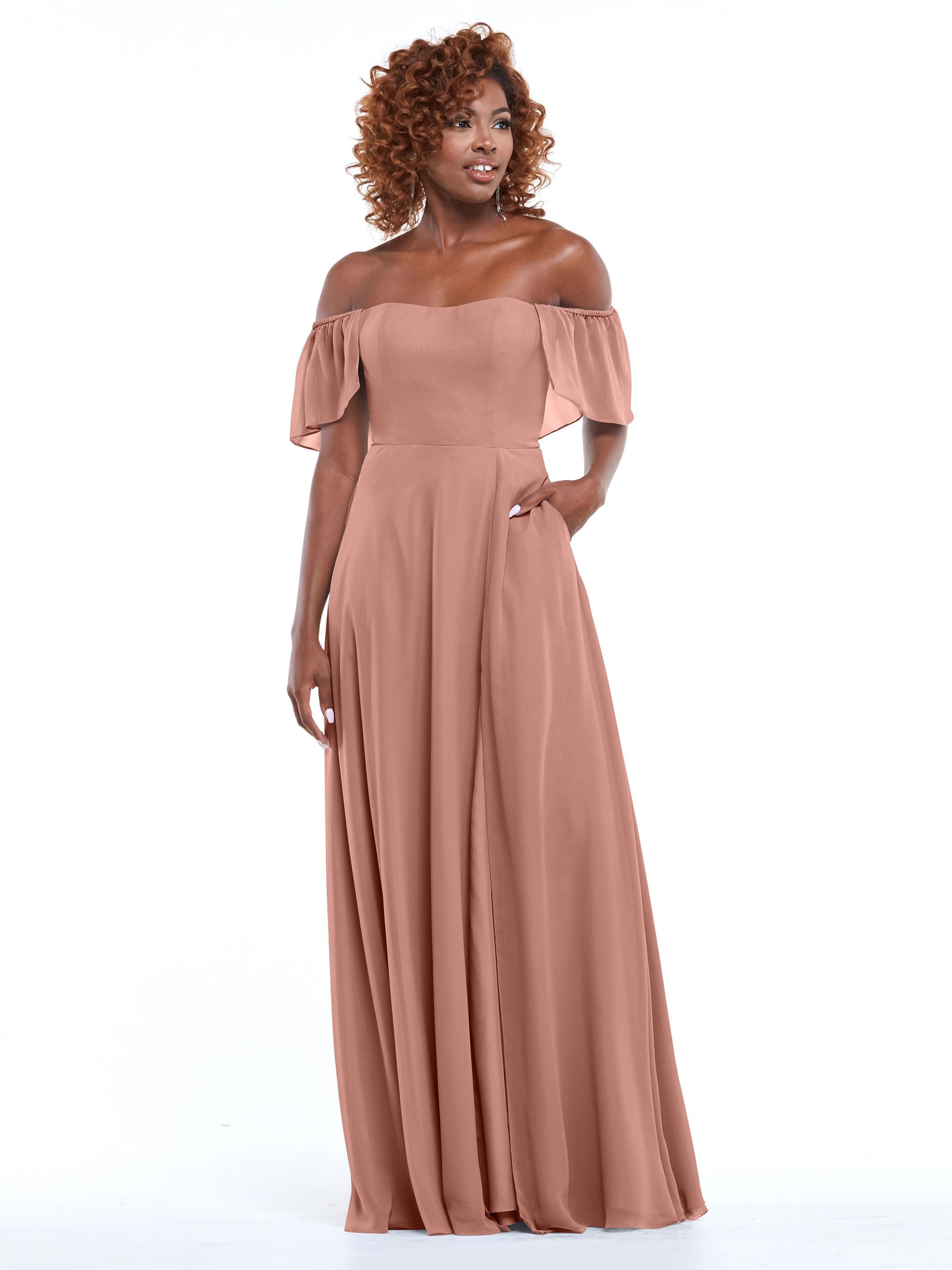 Elegant A-Line Off-The-Shoulder Chiffon Bridesmaid Dress with Pockets - 80168 | Perfect for Weddings, Formal Events & Special Occasions
