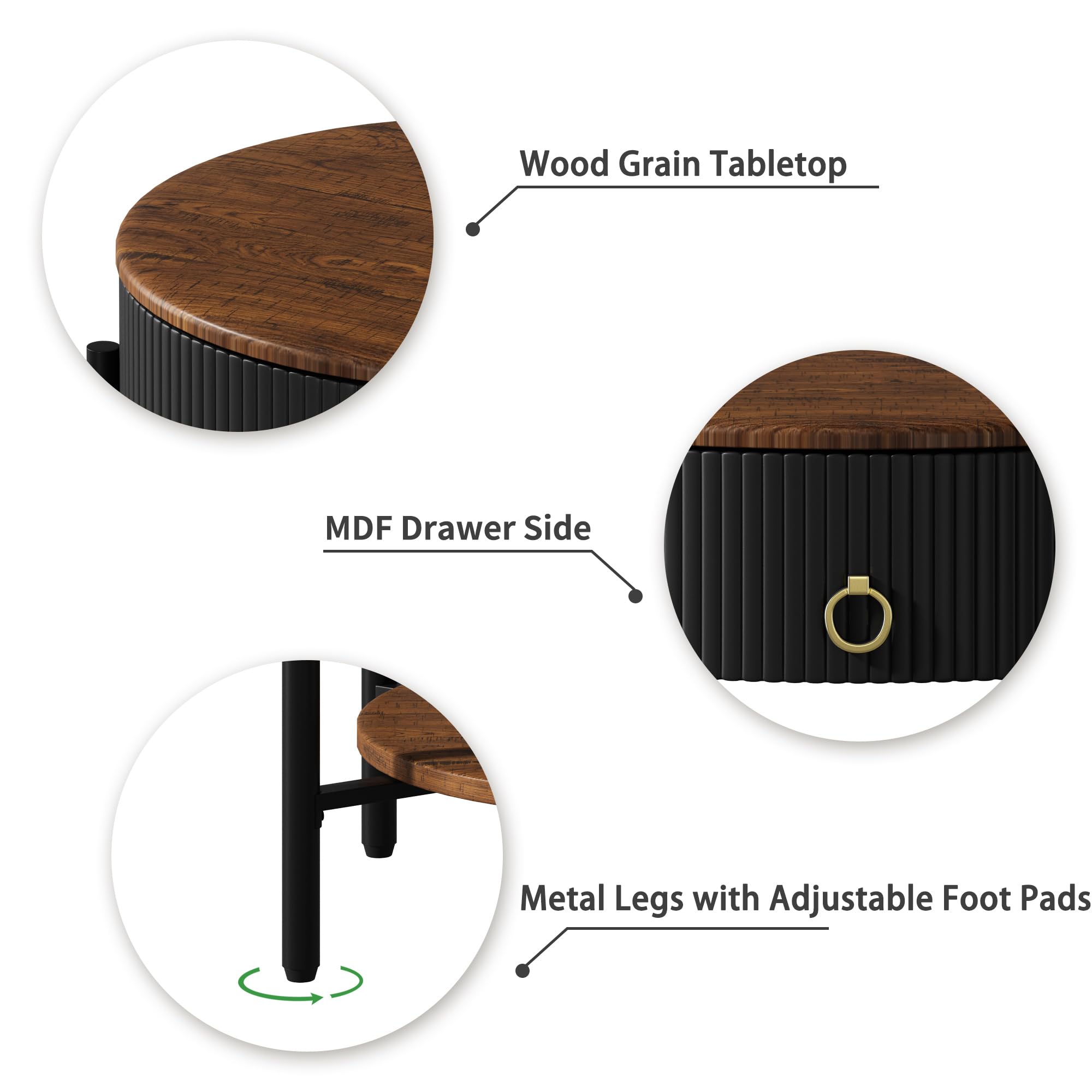 Modern Industrial Side Table with Drawer & 2-Tier Shelf - Wood Grain Nightstand with Storage for Living Room, Bedroom, Office & Dorm - Perfect for Small Spaces & Apartment Living (Black)