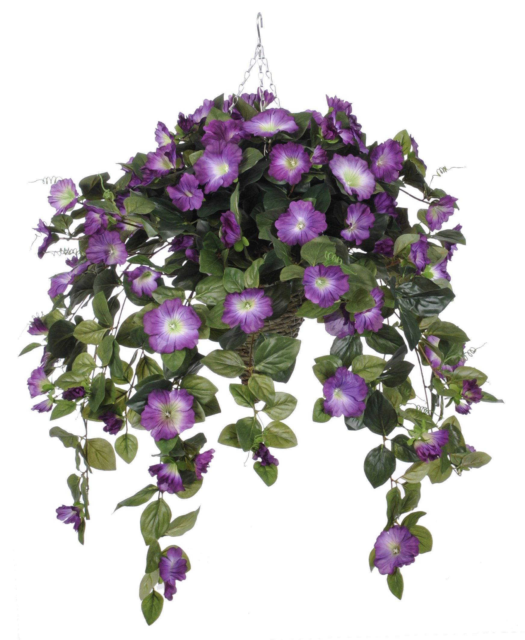 Artificial Violet Petunia Silk Flowers in Hanging Basket - Realistic Home & Garden Decor for Porch, Patio, and Indoor Spaces