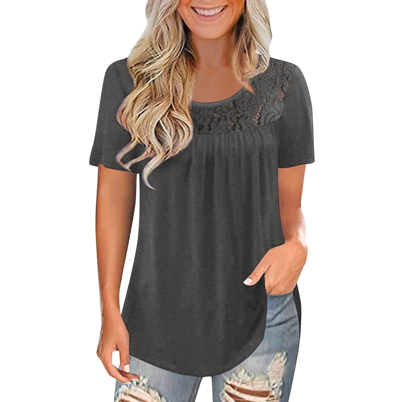 Women's Summer Tops - Loose Lace Crew Neck Short Sleeve T-Shirts | Casual & Dressy Tunic Blouses for Everyday Wear, Beach Outings & Office Outfits