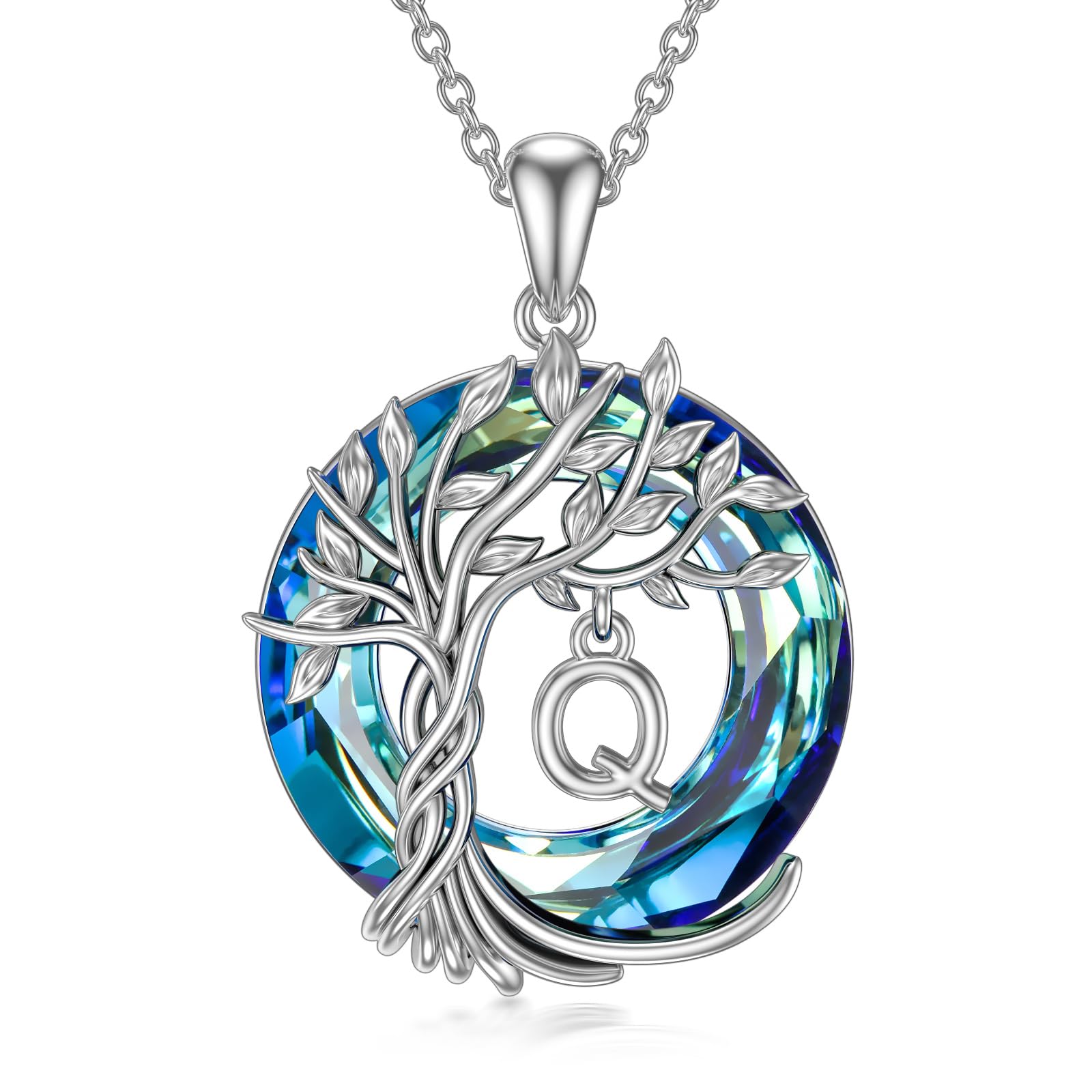 TOUPOP Sterling Silver Tree of Life Initial Necklace - Personalized Letter Pendant with Blue Crystal, 925 Silver Jewelry for Women - Perfect Birthday Gift, Mother's Day Present, Anniversary Keepsake for Her (Great for Everyday Wear, Special Occasions & Sentimental Gifting)