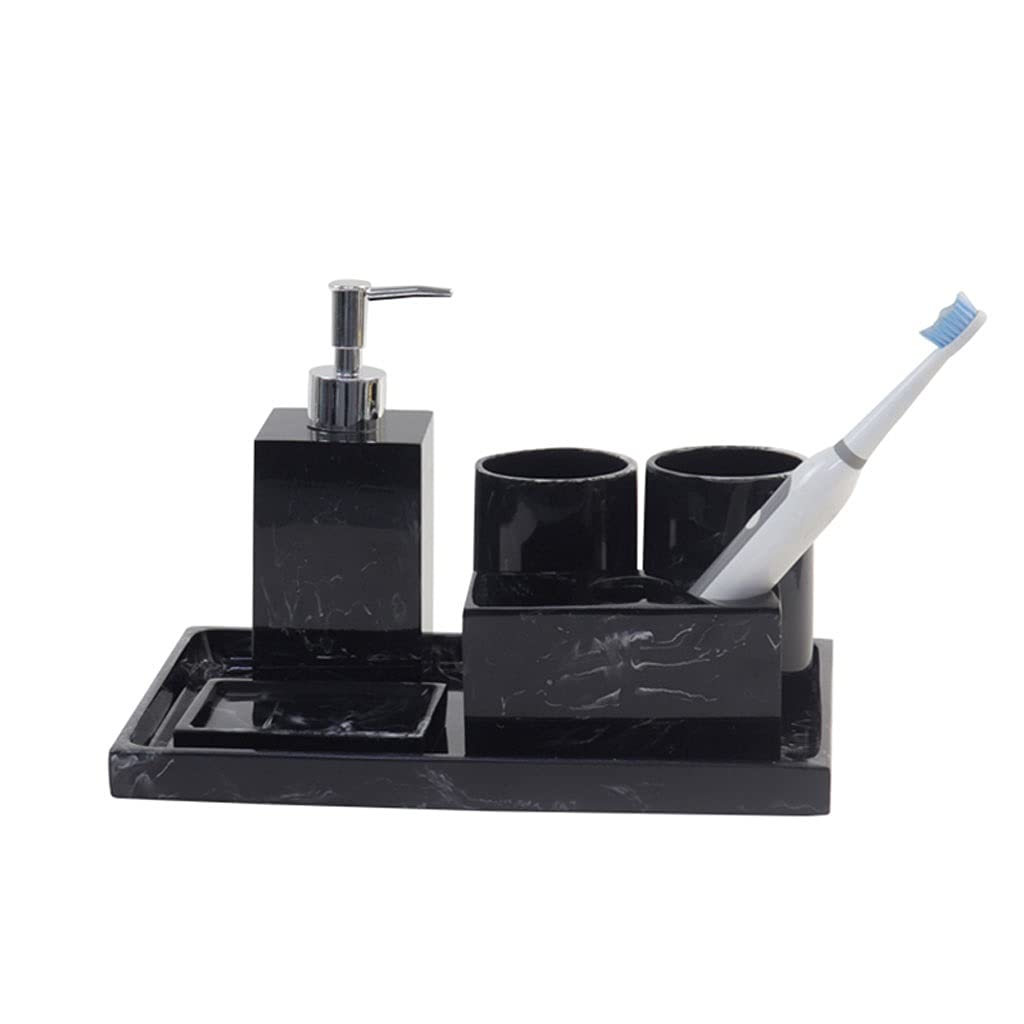 XIAOSAKU 6-Piece Bathroom Accessories Set - Marble Resin Soap Dispenser, Toothbrush Holder, Tumbler, Soap Dish & Tray - Black Countertop Organizer for Hotel & Home Bathroom Decor (Perfect for Guest Bathrooms & Luxury Vanity Setup)