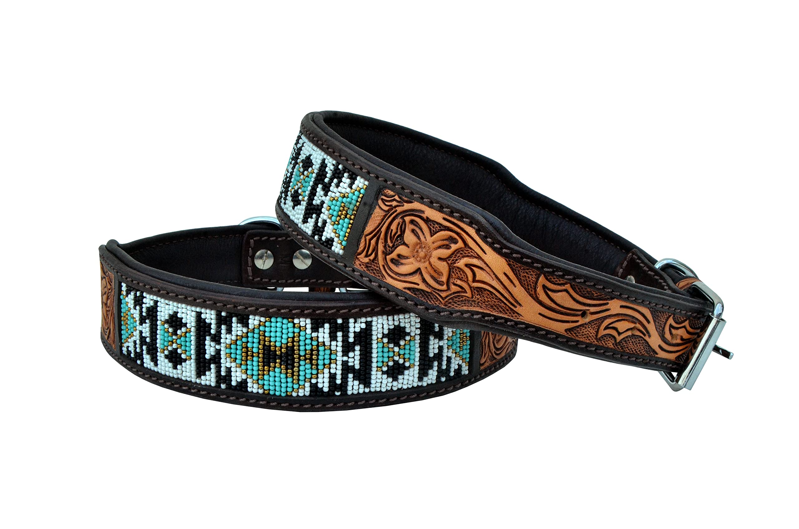 Western Style Leather Dog Collar - Heavy Duty Hand Tooled Adjustable Beaded & Padded Soft Collar for Puppies & Large Dogs | Perfect for Training, Walks & Outdoor Adventures (10AB006)