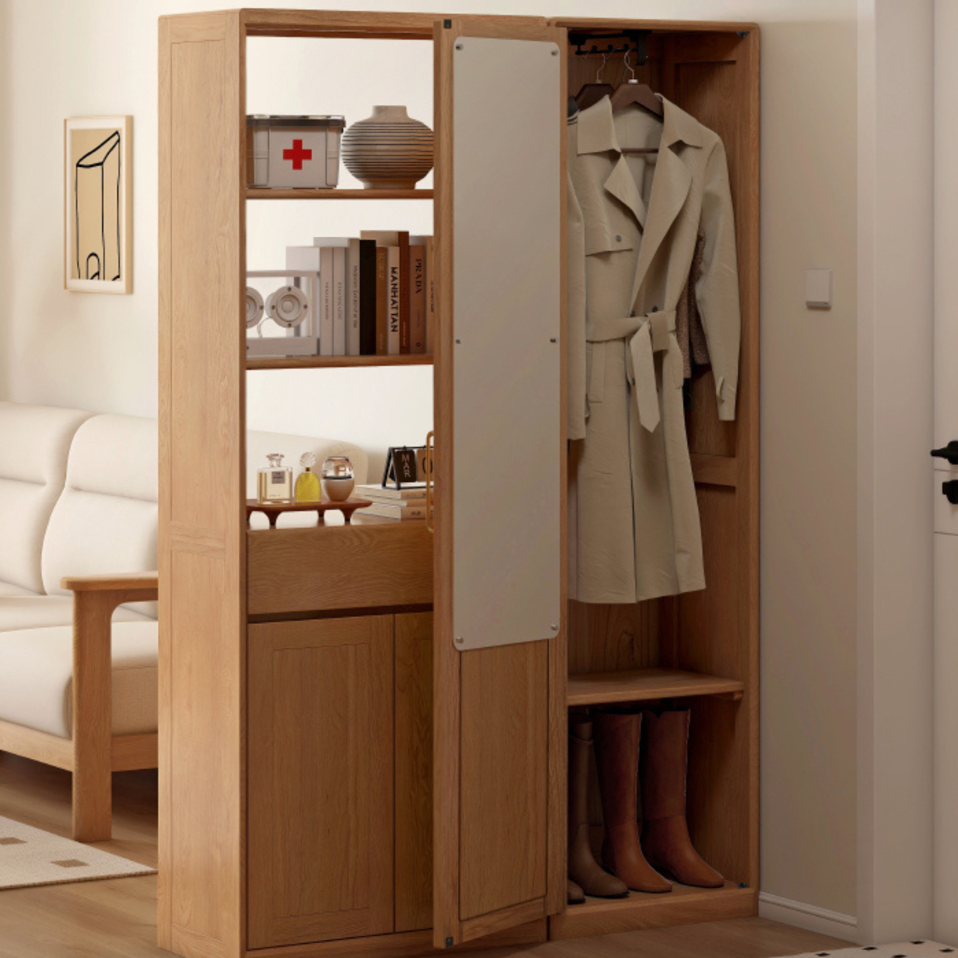 Solid Oak Wood Mirror Entryway Cabinet - Stylish & Durable Hallway Storage with Mirror for Home Decor