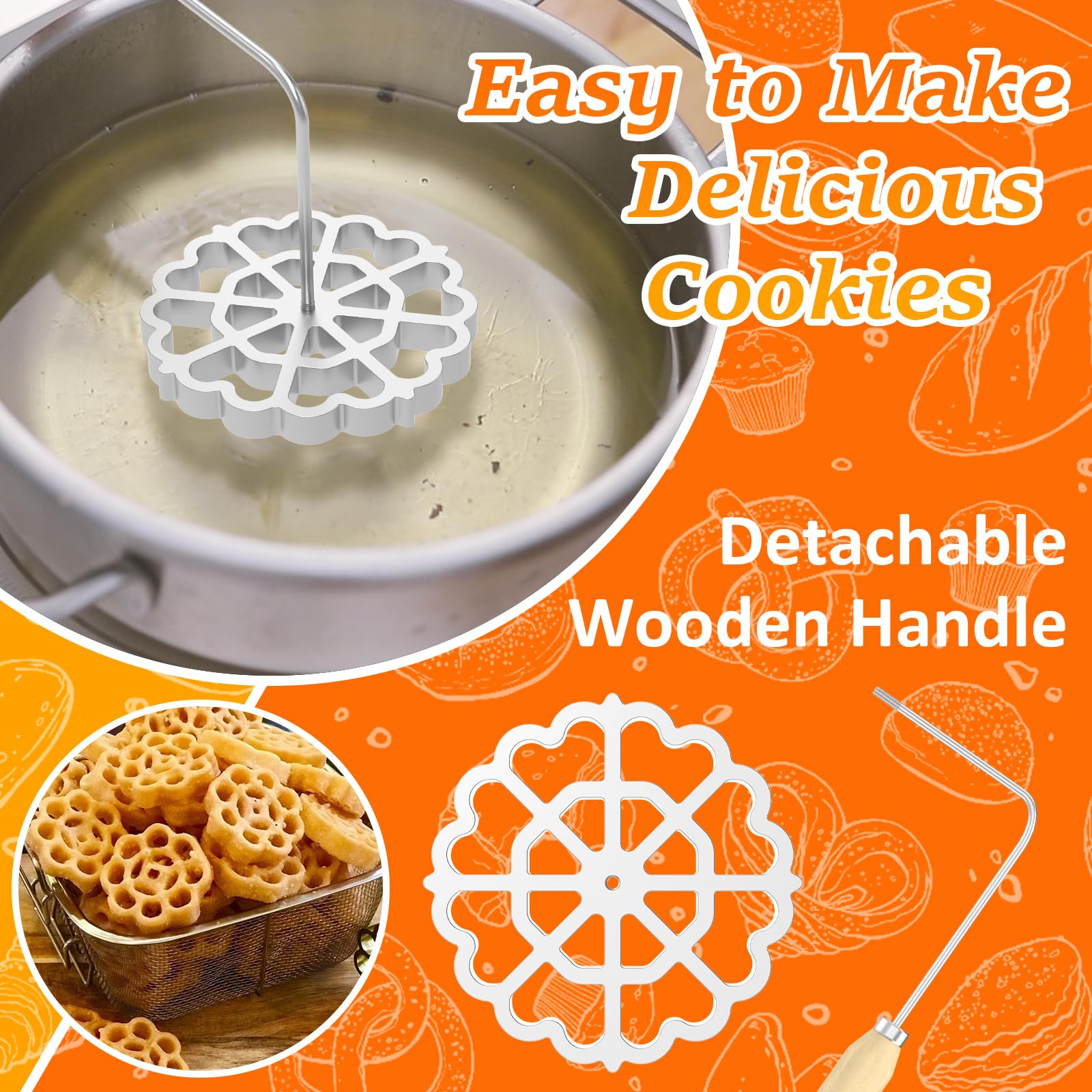 Bunuelos Mold with Handle - Detachable Funnel Cake & Rosette Maker Kit for Baking Cookies, Churros, and Donuts - 4.8 Inch Non-Stick Cooking Stamp Tool - Perfect for Home Kitchens, Parties, and Holiday Treats