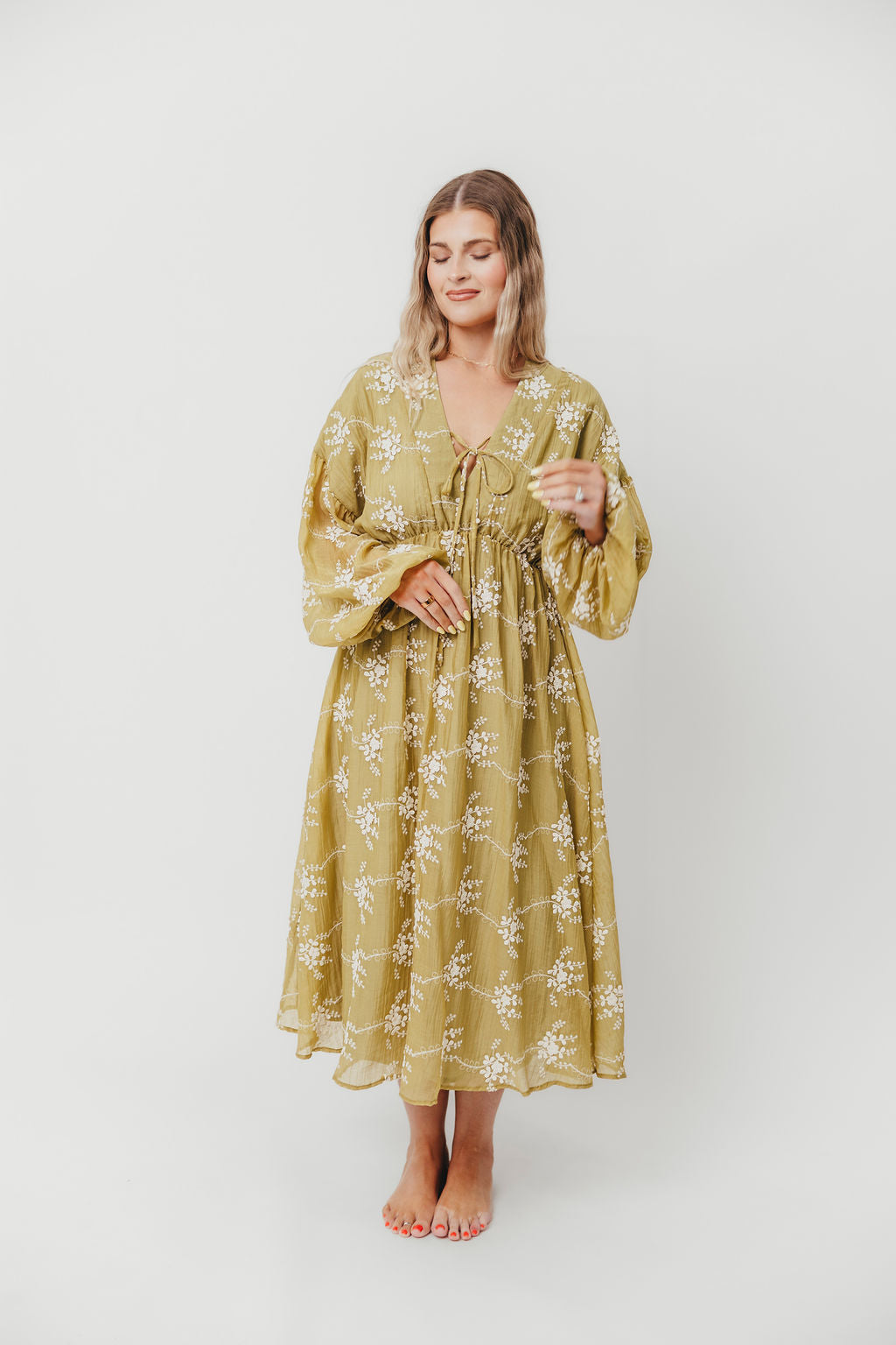 Rossi Women's Long Sleeve Midi Dress with Embroidery - Floral Boho Maxi Dress in Moss Green for Fall/Winter, Perfect for Weddings, Parties & Casual Outings