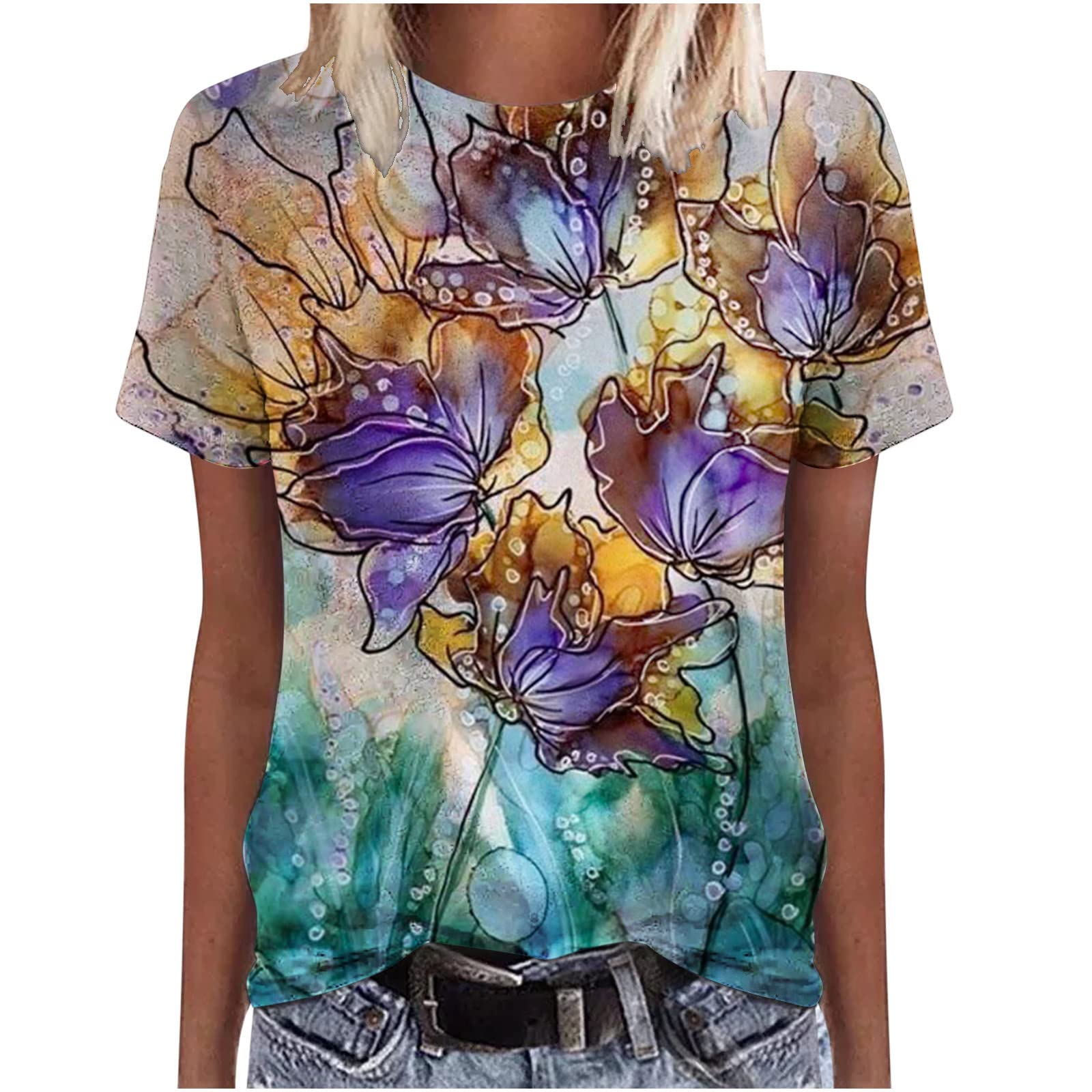 Trendy Vintage Floral Print Short Sleeve T-Shirt for Women - Loose Fit O-Neck Summer Top 2022 - Perfect for Workout, Casual Wear & Beach Outfits