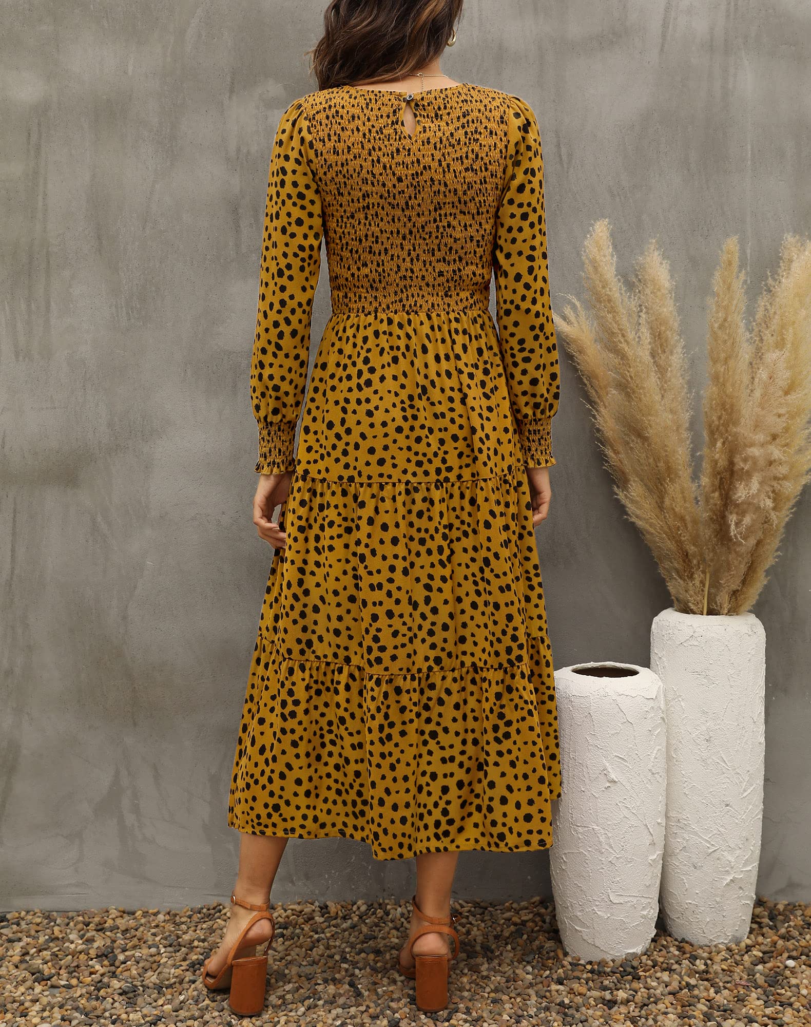 Zattcas Women's Fall Dresses 2025 - Casual Long Sleeve Smocked Boho Floral Tiered Midi Dress with Pockets for Wedding Guest, Party, Date Night & Autumn Outfits