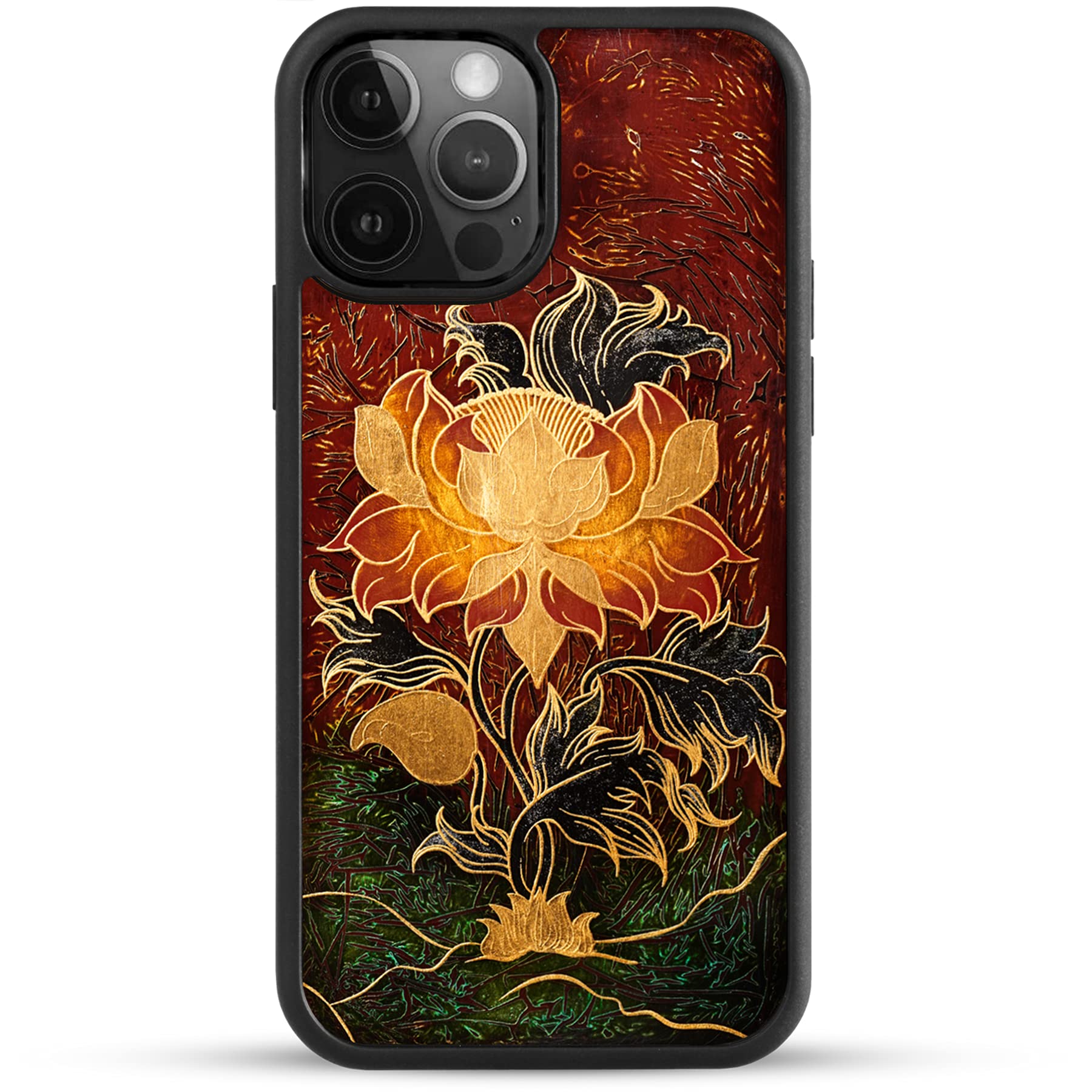 Handmade Lacquer Art Padma Flower iPhone 12 Pro Max Case with 24K Gold Details - Premium Luxury Protective Cover for Women, Perfect Gift for Birthday & Anniversary - Classic Black Design