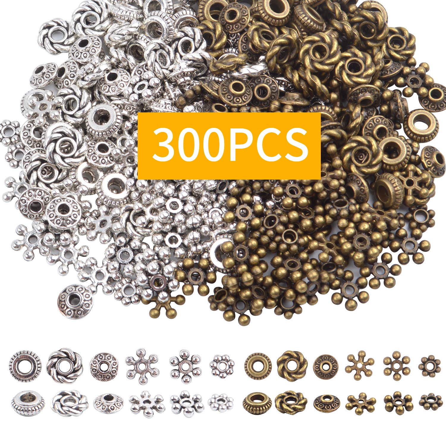 300pcs Tibetan Spacer Beads for Jewelry Making - Alloy Bead Charms in 6 Styles (Antique Silver & Bronze) - Perfect for DIY Bracelets, Necklaces & Boho Jewelry Designs