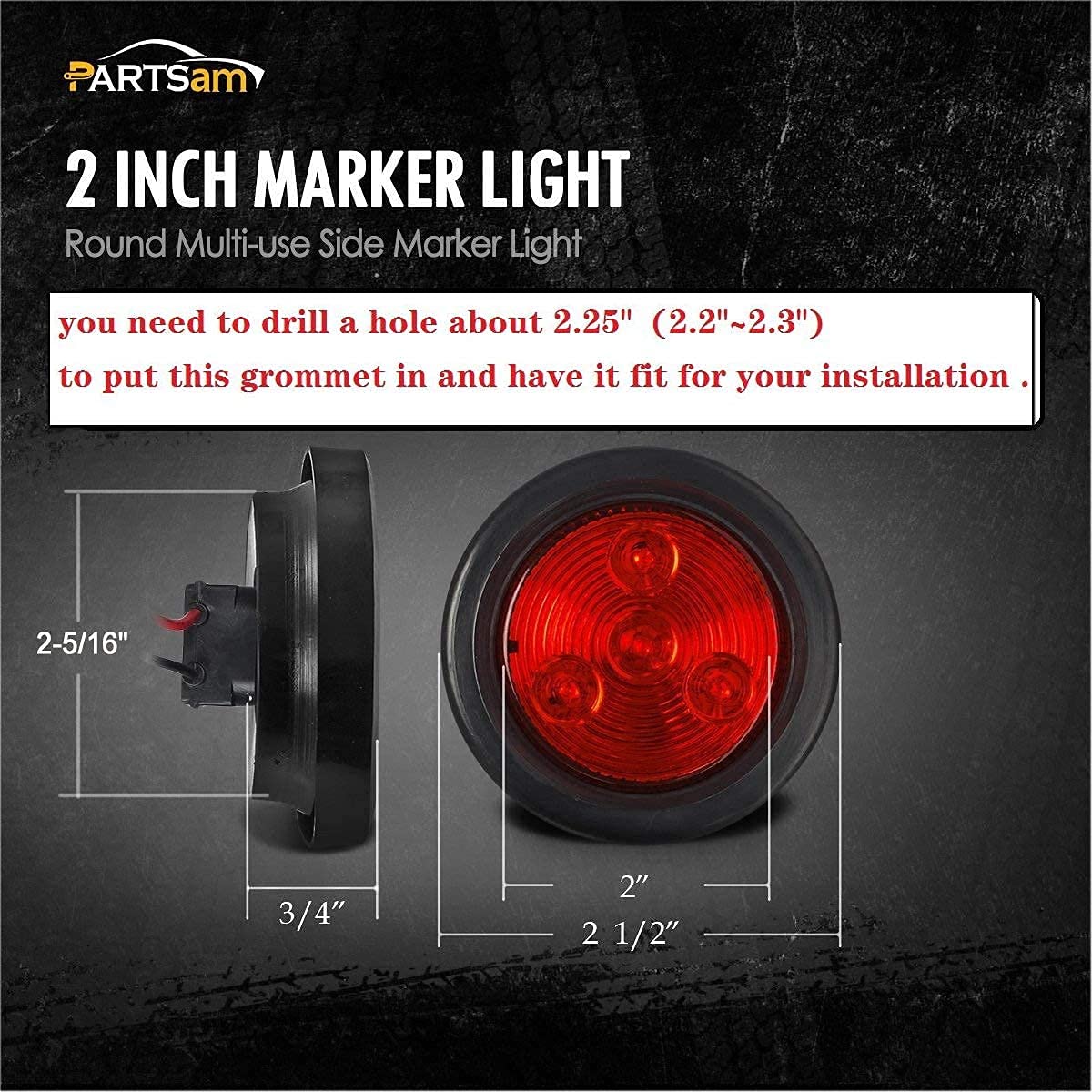 Partsam 4 Inch LED Trailer Lights Kit - 4Pcs Round Tail Lights (12LED) & 10Pcs 2 Inch Round Side Marker Lights (5 Amber + 5 Red) with Grommet Plugs & Wire Pigtails - Waterproof for Trucks, Trailers, RVs & Boats