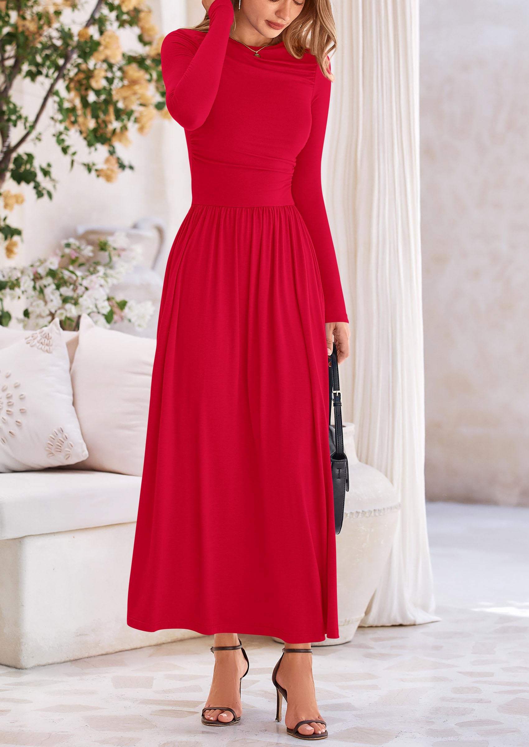 PRETTYGARDEN Women's 2025 Spring Long Sleeve Maxi Dress - Crewneck Ruched A-Line Flowy Elegant Modest Dress for Casual Wear, Church, Wedding Guest & Special Occasions