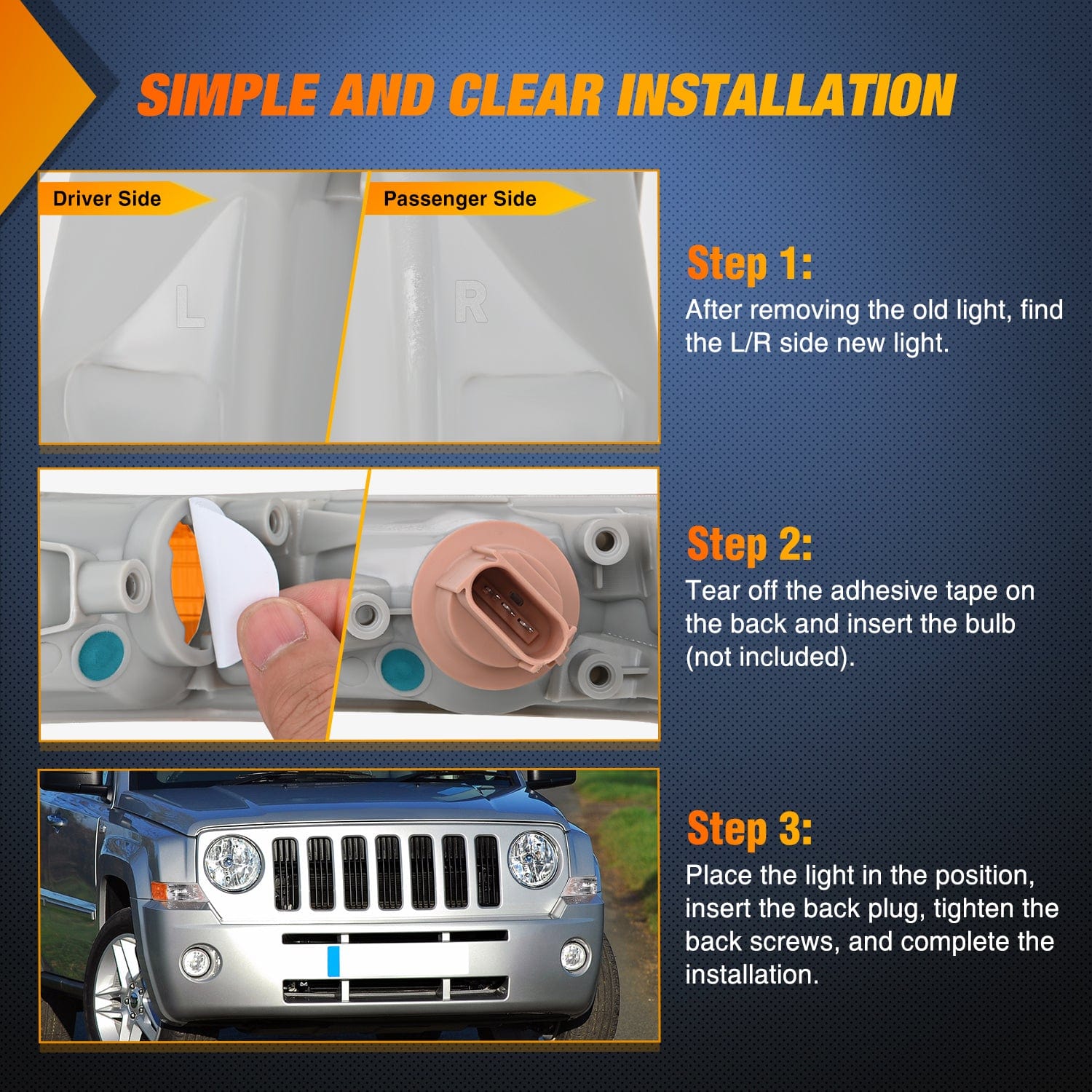 2007-2017 Jeep Patriot Front Turn Signal Lights - Clear Amber Lens - Driver & Passenger Side - Replacement for Broken or Foggy Headlights - Easy DIY Installation