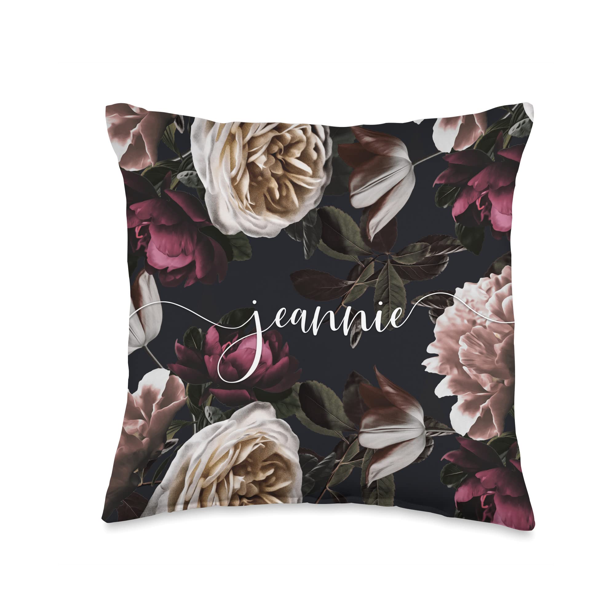 Jeannie - Elegant Floral Rose & Peony Personalized Name Throw Pillow | Custom Home Decor Gift for Living Room, Bedroom & Nursery | Soft Decorative Cushion for Sofa, Chair & Couch