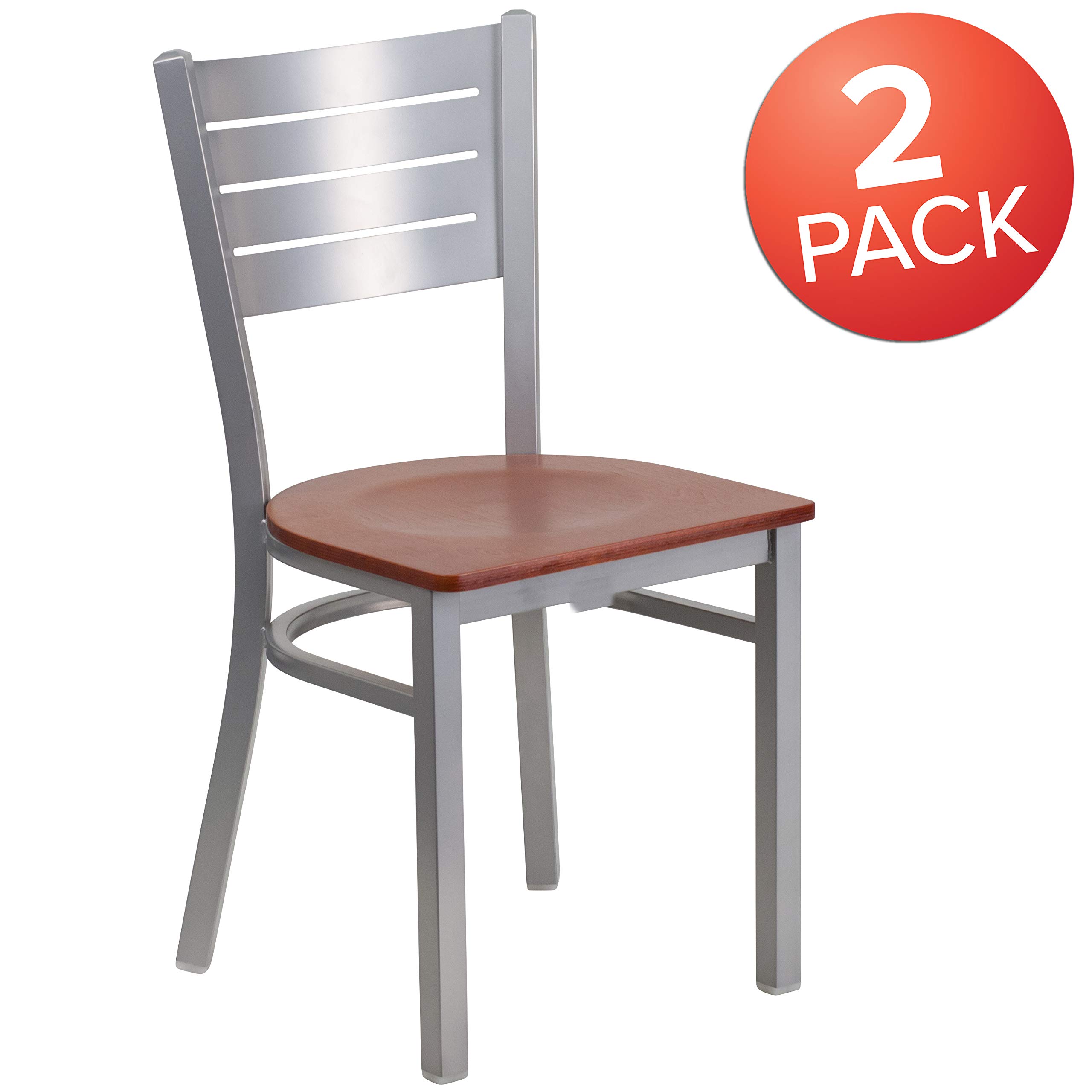 2 Pack Silver Metal Slat Back Restaurant Chairs with Cherry Wood Seat - Durable & Stylish Dining Chairs for Cafes, Bistros, and Home Kitchens