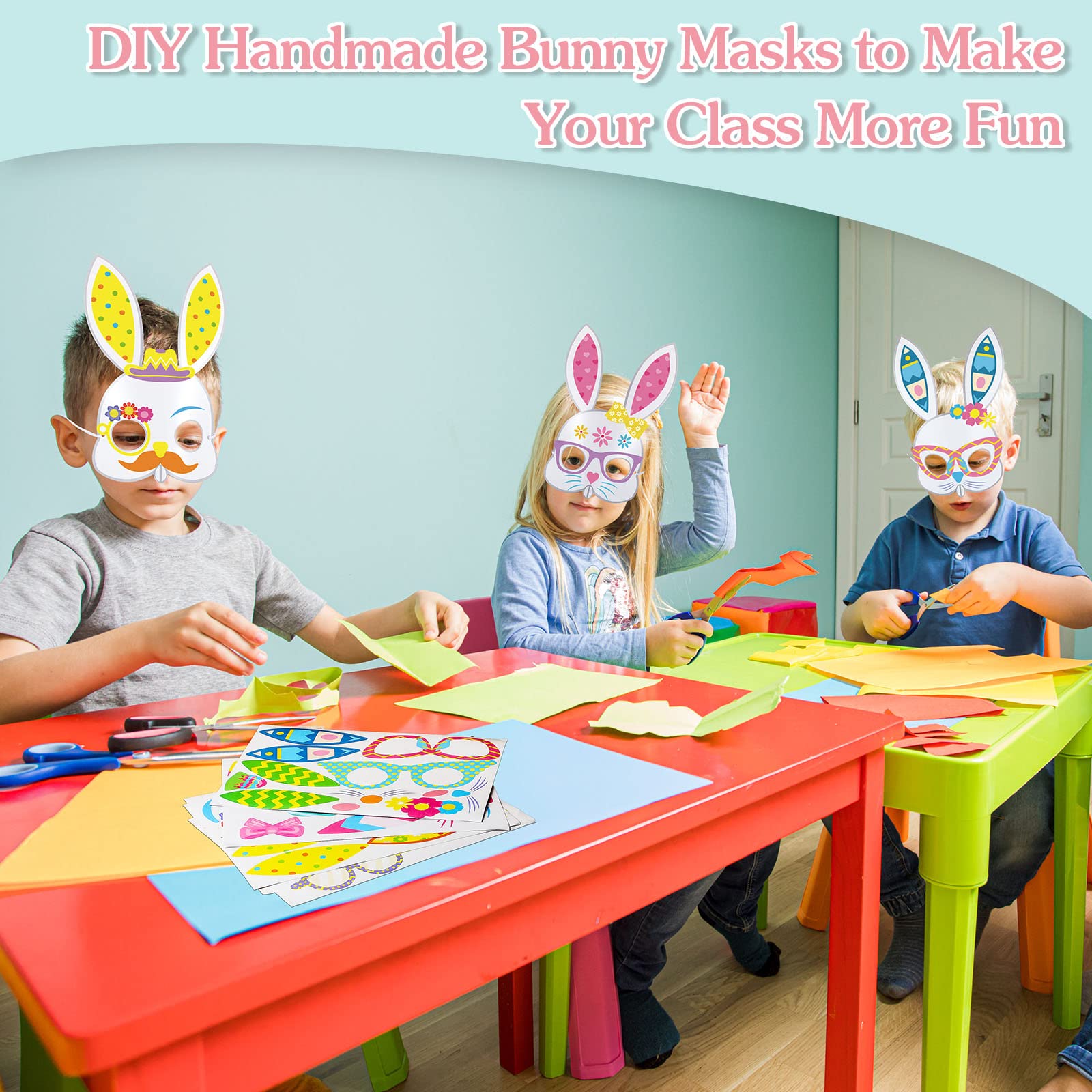24-Pack DIY Easter Bunny Mask Craft Kits for Kids - Bunny Masks, Stickers & Elastic Bands - Fun Easter Crafts, Pretend Play & DIY Activities - Perfect for Easter Egg Hunts, Theme Parties & Classroom Celebrations