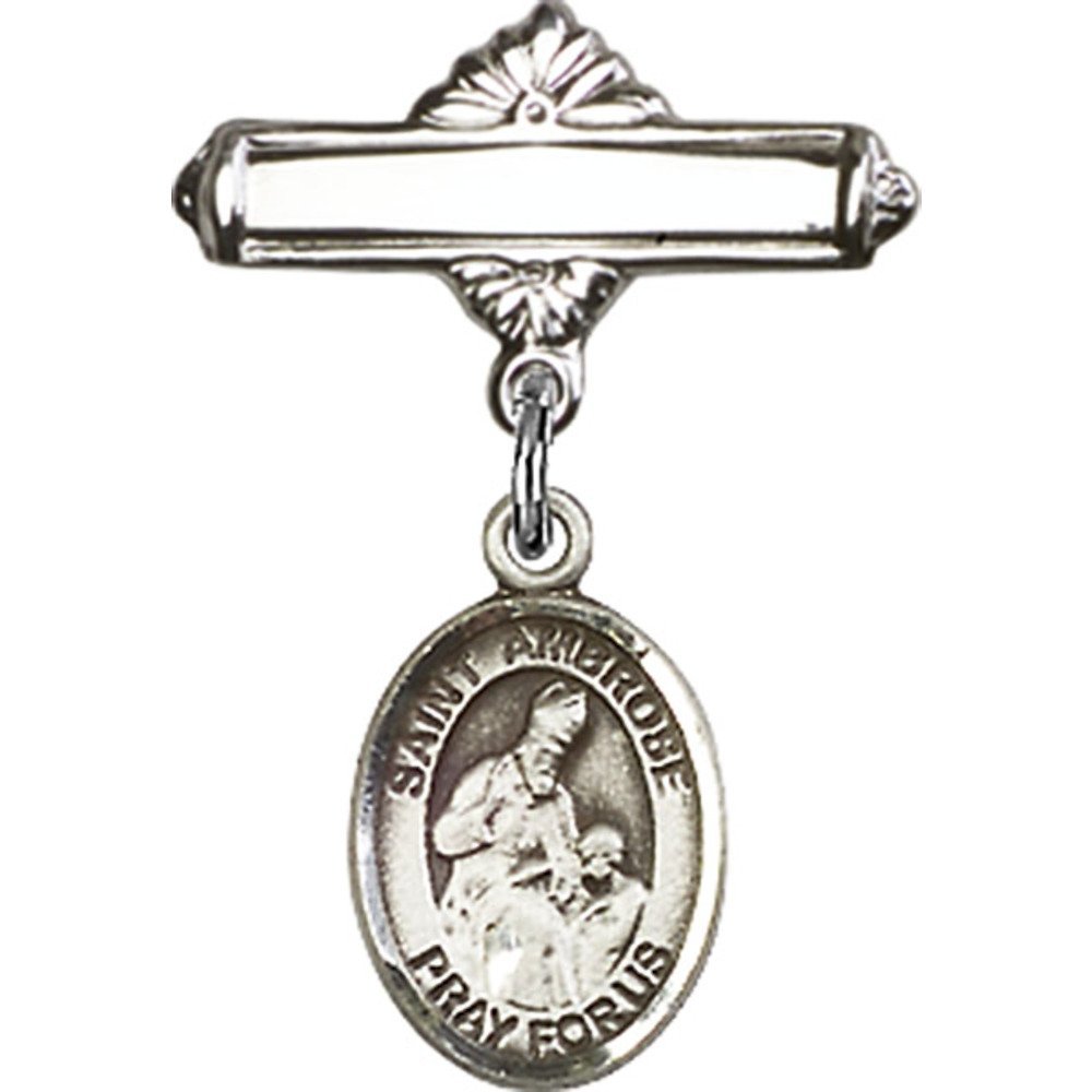 Sterling Silver Baby Badge with St. Ambrose Charm - 1 X 5/8 Inches Polished Pin - Perfect for Christening Gifts, Baby Showers & First Communion Jewelry