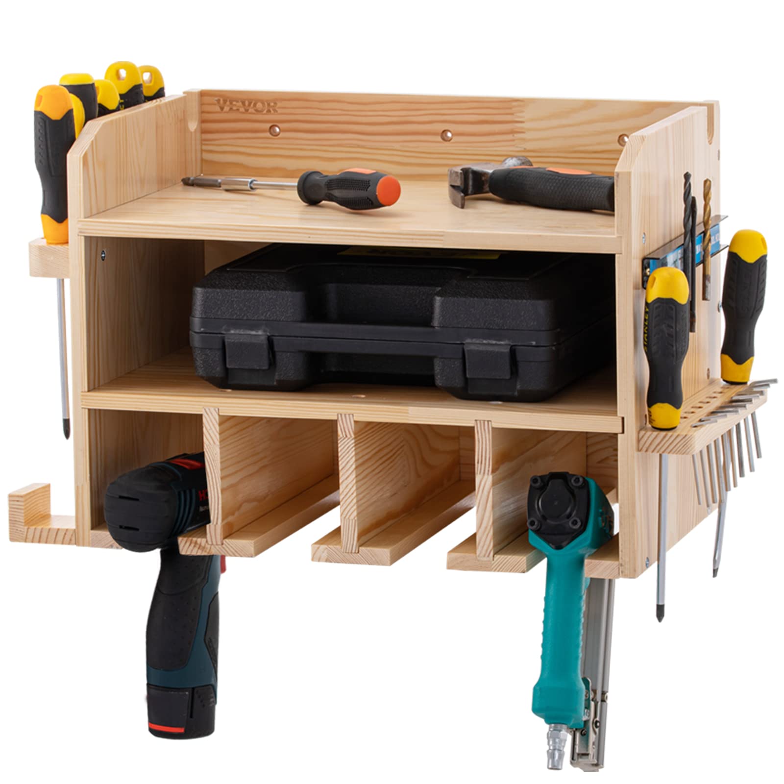 VEVOR Wall Mounted Power Tool Organizer - 4 Hanging Slots Drill Holder & Charging Station with 2 Shelves - Polished Wooden Tool Storage for Drills, Saws, Wrenches & Screwdrivers - Perfect for Garage, Workshop & DIY Projects
