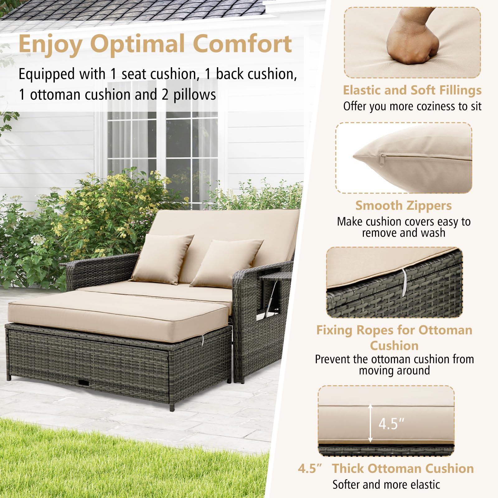 Tangkula Patio Rattan Daybed Set with Adjustable Backrest - Wicker Loveseat Sofa, Ottoman & Retractable Side Tray - Outdoor Furniture with Storage Footstool & Cushions - Perfect for Poolside, Garden or Patio Relaxation