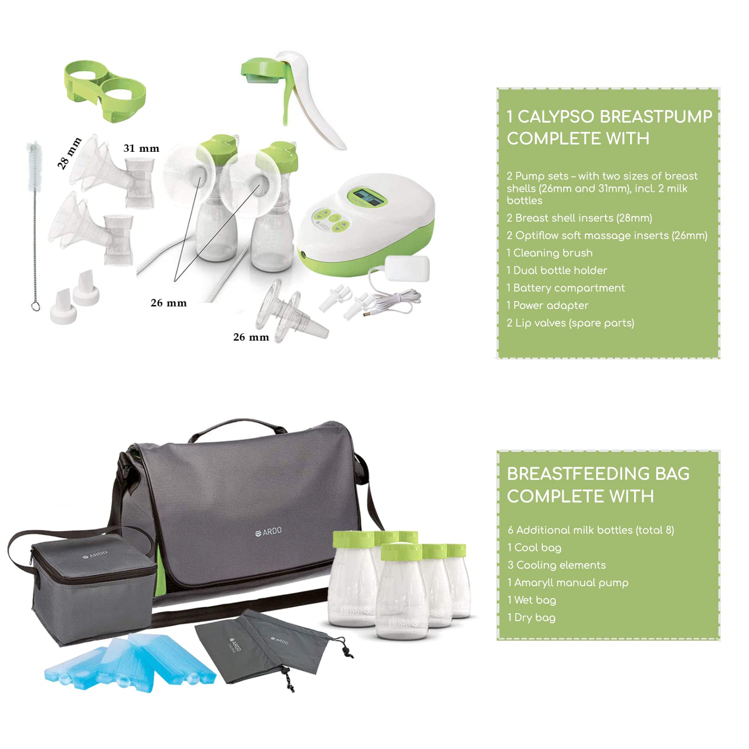 Ardo Calypso-to-Go Double Electric Breast Pump - Ultra Quiet Swiss Made Hospital Grade Breastfeeding Pump with 64 Adjustable Settings, Closed System, Includes Bottles, Breast Shells & Travel Bag - Perfect for Working Moms, Travel & On-the-Go Pumping