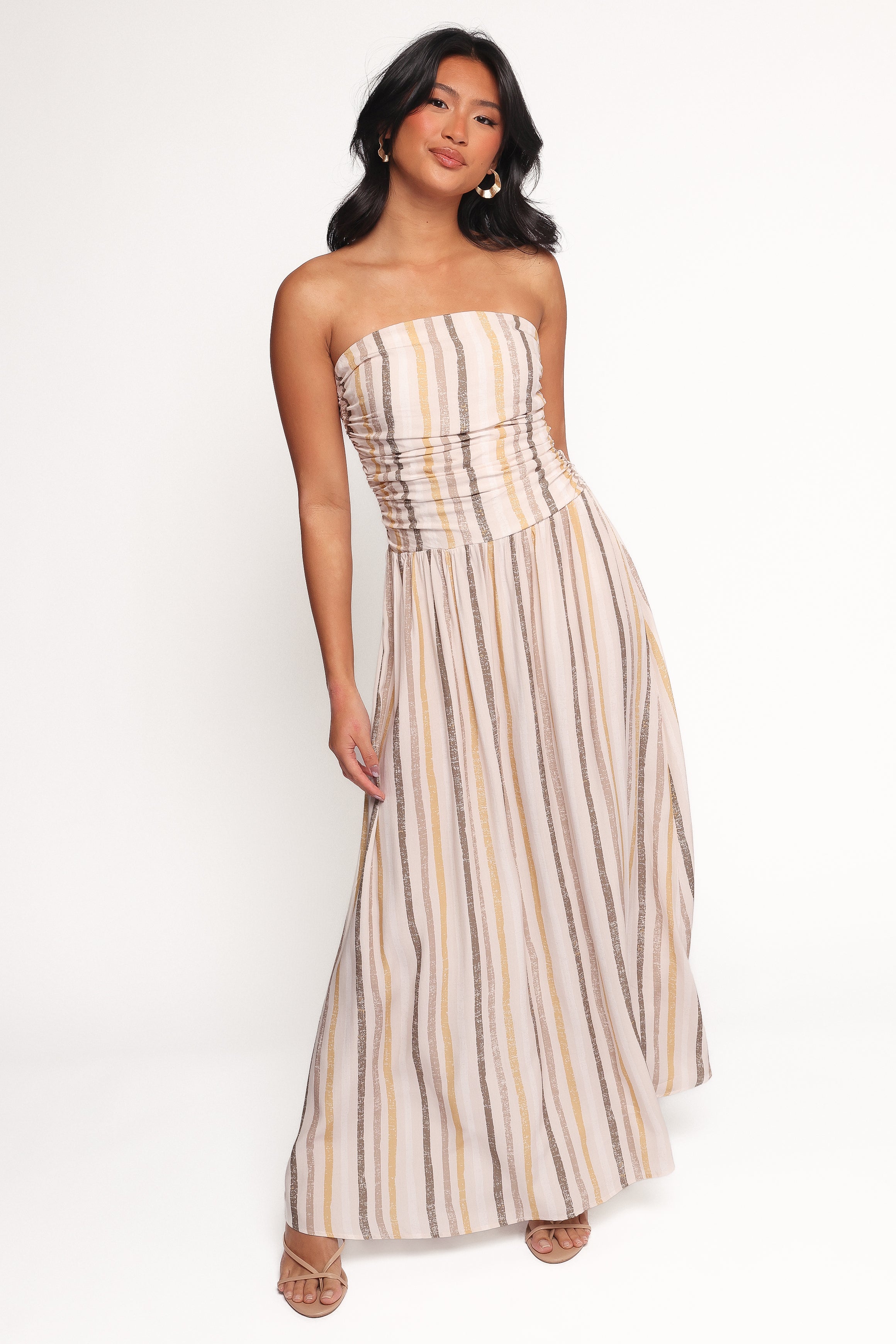 Jimena Strapless Maxi Dress - Brown Striped Summer Beach Dress for Women | Boho Chic Wedding Guest Outfit & Vacation Dress