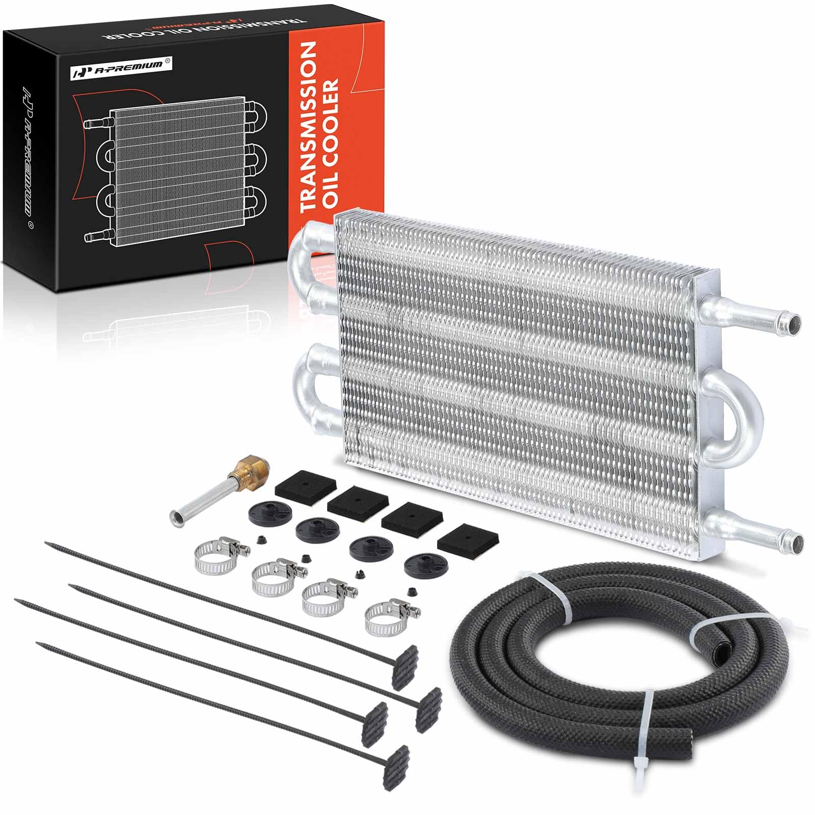 Universal A-Premium 4-Pass Aluminum Transmission Oil Cooler Kit with Hose Mounting, Supports Towing Up to 12000 lbs, Ideal for Heavy-Duty Trucks and Towing Vehicles