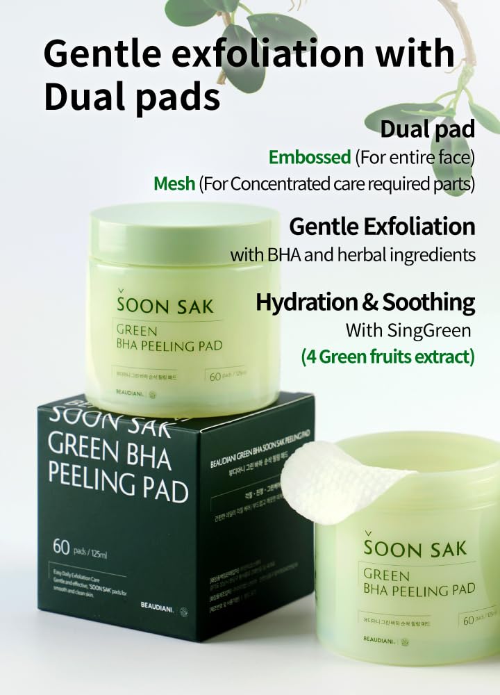 Green BHA Exfoliating Pads 60pcs - Korean Toner Pads for Face, Pore Tightening & Hydration - Chemical Peel Pads with Fruit Extract for Soothing Skincare | Perfect for Daily Exfoliation & Acne Treatment