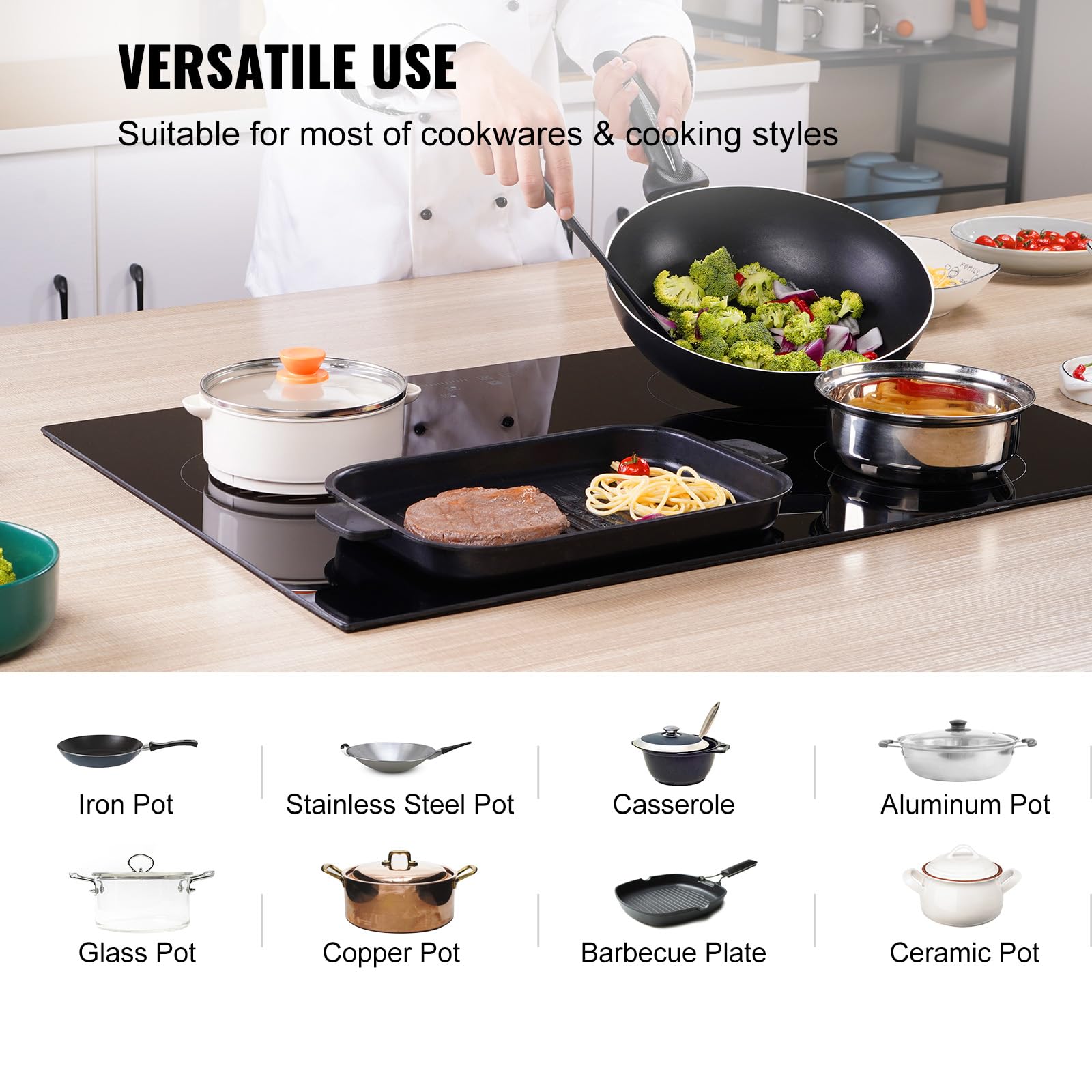 VEVOR 30-Inch Built-in Electric Stove Top with 4 Burners - 240V Glass Radiant Cooktop with Sensor Touch Control, Timer & Child Lock - 9 Power Levels for Simmering, Steaming, Slow Cooking & Frying - Perfect for Modern Kitchens, Home Chefs & Cooking Enthusiasts
