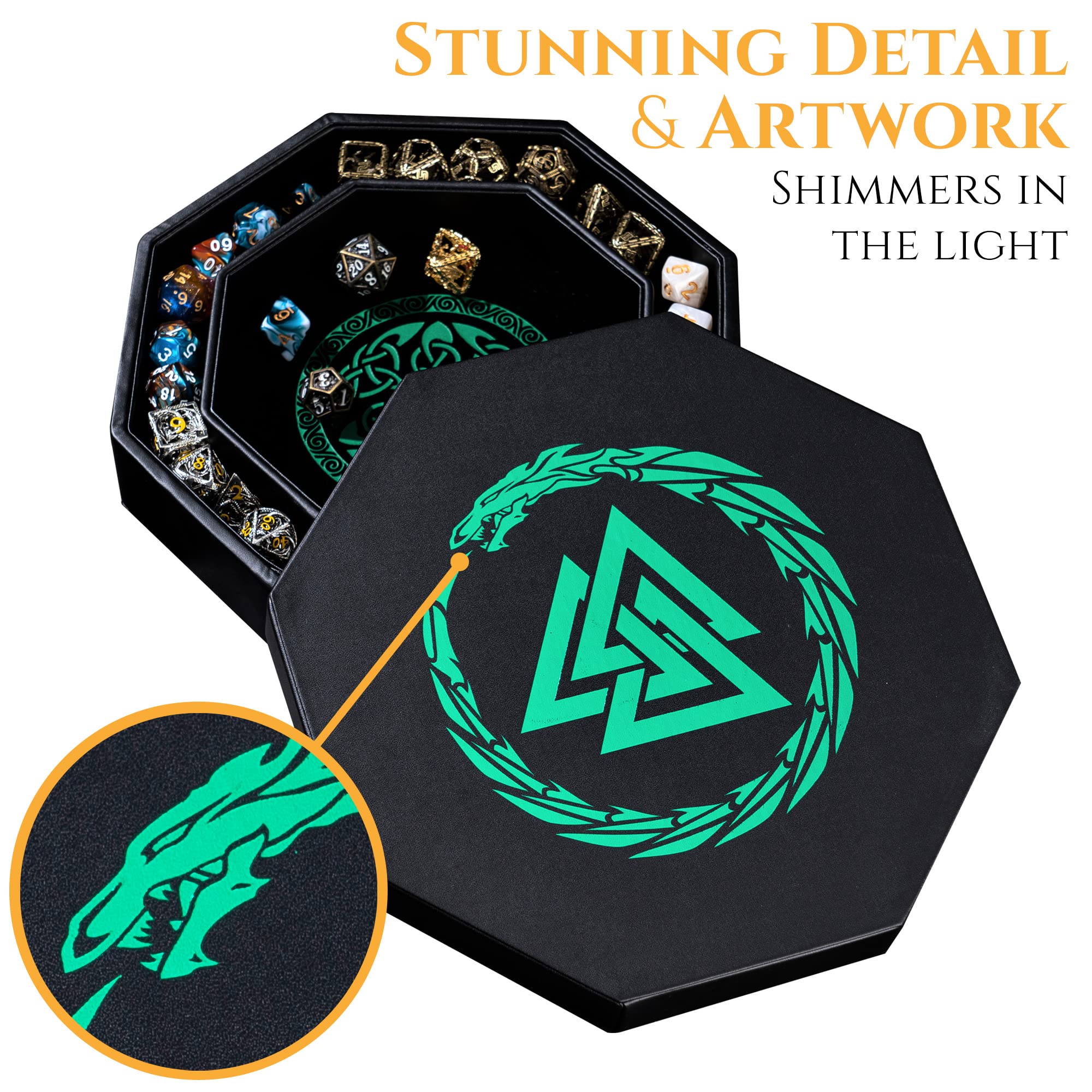 Premium 8 Inch Dice Rolling Tray for DND & Tabletop RPGs - Viking Valknut & Dragon Design with Storage Box - Perfect for Dungeons & Dragons, Pathfinder, MTG - Protect Your Dice During Game Nights & Travel