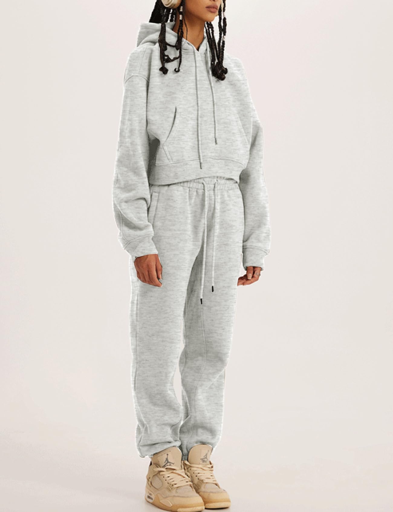 COZYPOIN Women's Fleece 2-Piece Sweatsuit Set - Soft Crop Top & Jogger Pants with Hoodie | Cozy Lounge Wear for Home, Gym & Casual Outfits