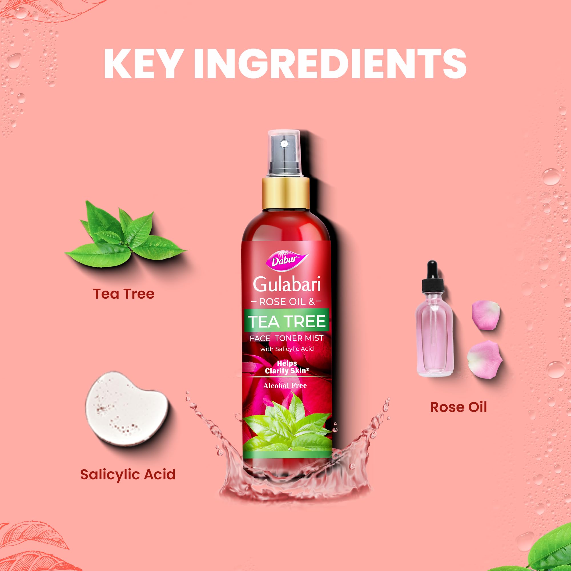 Dabur Gulabari Rose Oil & Tea Tree Face Toner Mist with Salicylic Acid - 200ml Alcohol-Free Skincare | Acne Treatment for Breakouts, Blackheads & Whiteheads | Pore Minimizer & Refiner | Perfect for Daily Use, Travel & On-the-Go Refreshment