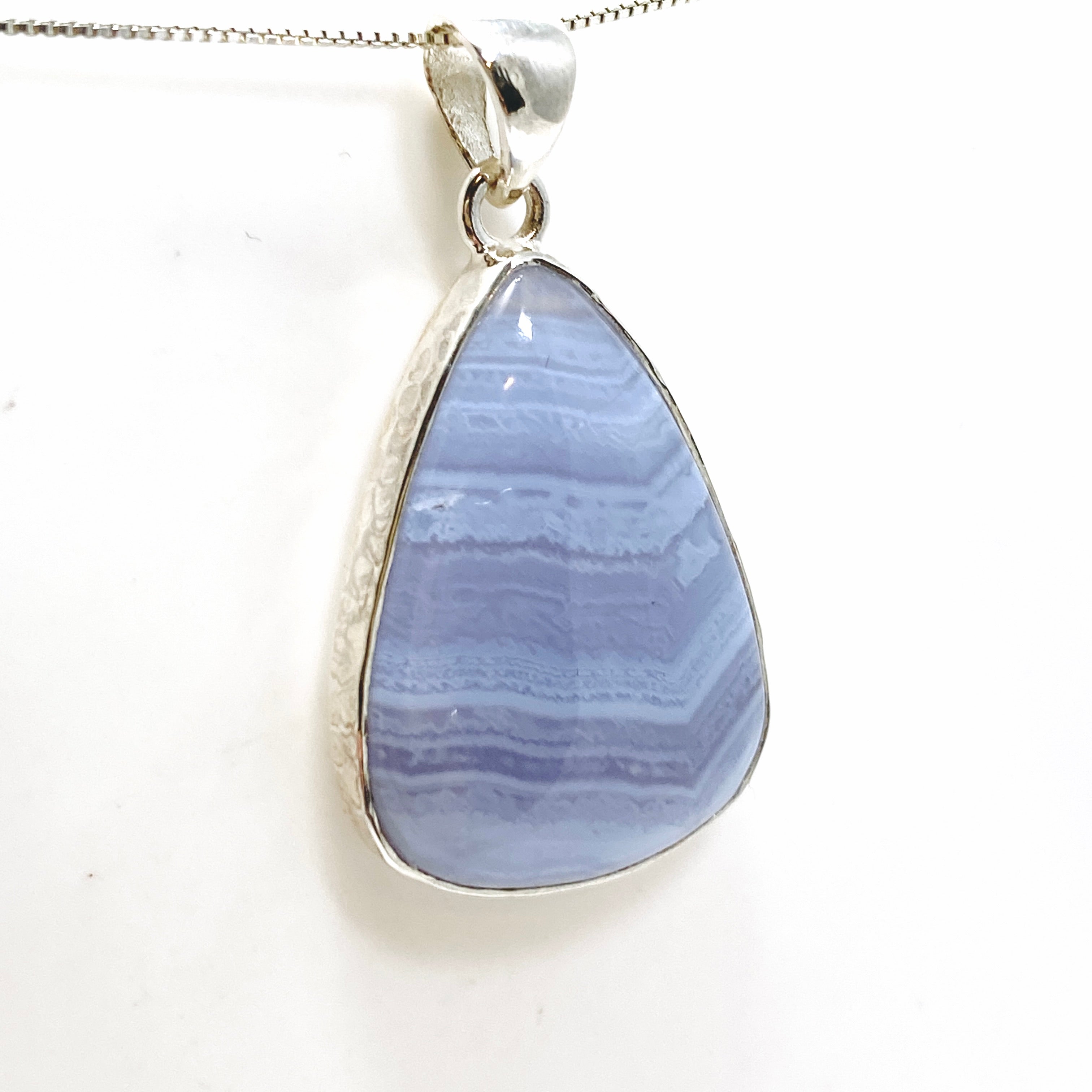 Blue Lace Agate Teardrop Cabochon Pendant in Hammered Sterling Silver Setting KPGJ4830 - Elegant Jewelry for Women, Perfect for Weddings & Special Occasions