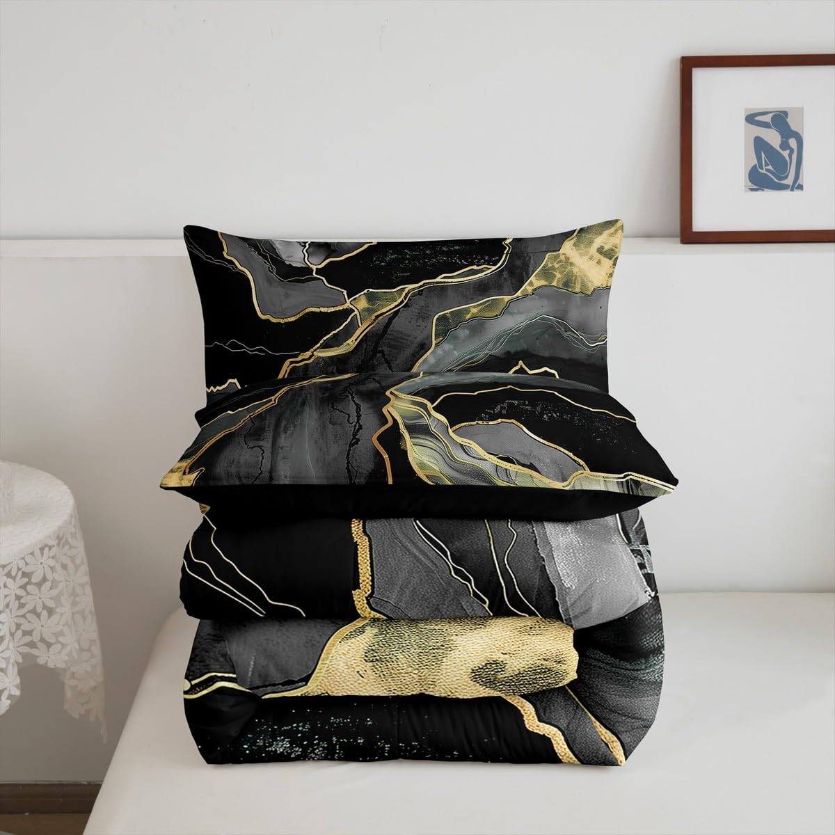 Luxury Black Gray Comforter Set with Marble Gold Sequins - Twin Size Bedding Set for Kids, Boys, Girls & Teens | Soft Lightweight Duvet Cover with Abstract Marble Texture Print | Includes 1 Pillowcase | Perfect for Bedroom Decor, Gift Ideas & Cozy Sleep
