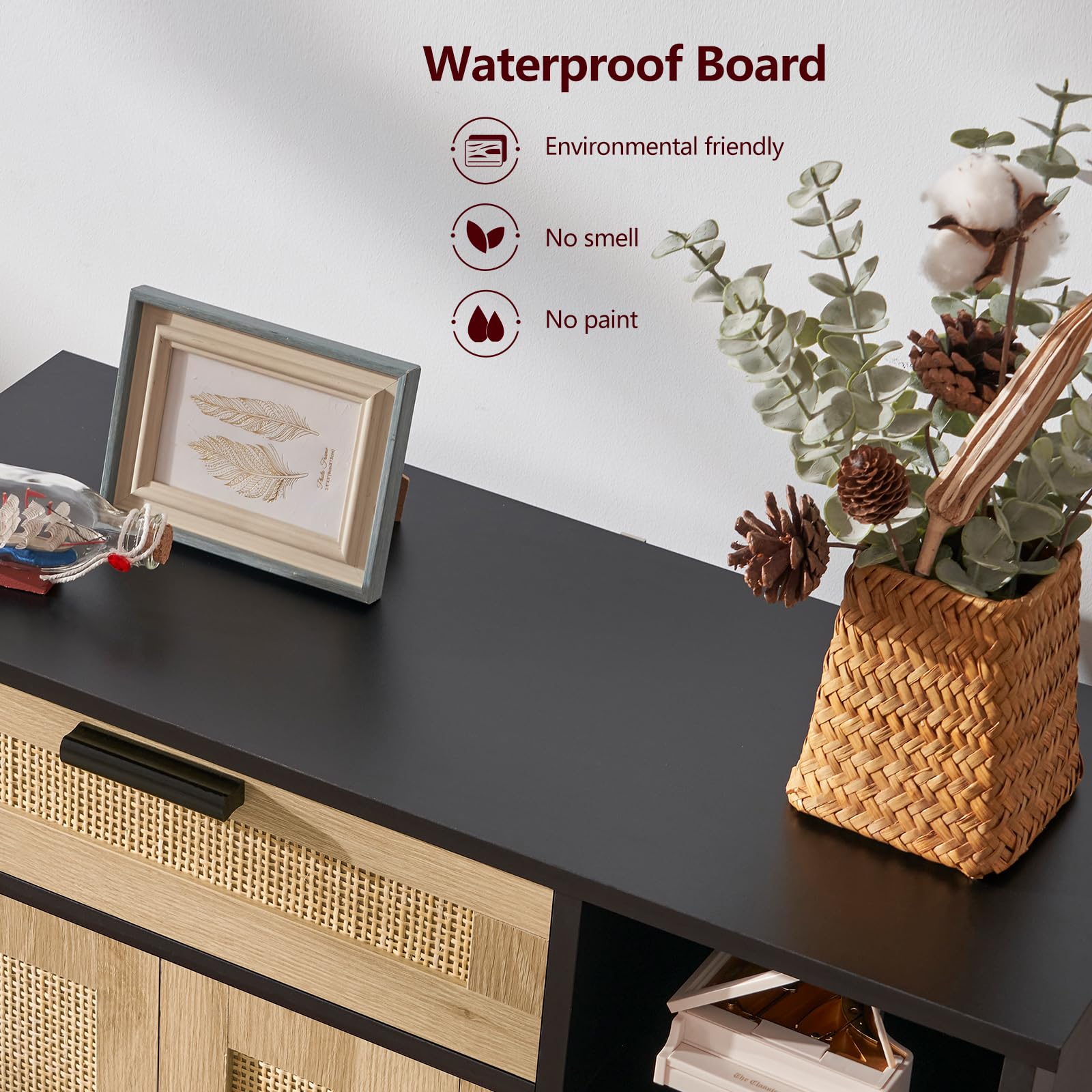 WEENFON Rattan Storage Cabinet with Drawer & Doors - Adjustable Shelves Sideboard Buffet Cabinet for Living Room, Entryway, Hallway - Black & Natural Wood Floor Cabinet for Home Organization & Decor