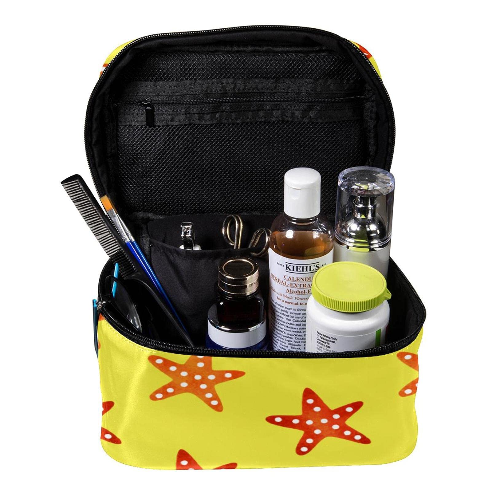 Yellow Starfish Pattern Large Travel Makeup Bag - Waterproof Cosmetic Organizer with Zipper for Women & Girls - Perfect for Beach Trips, Vacations & Daily Makeup Storage