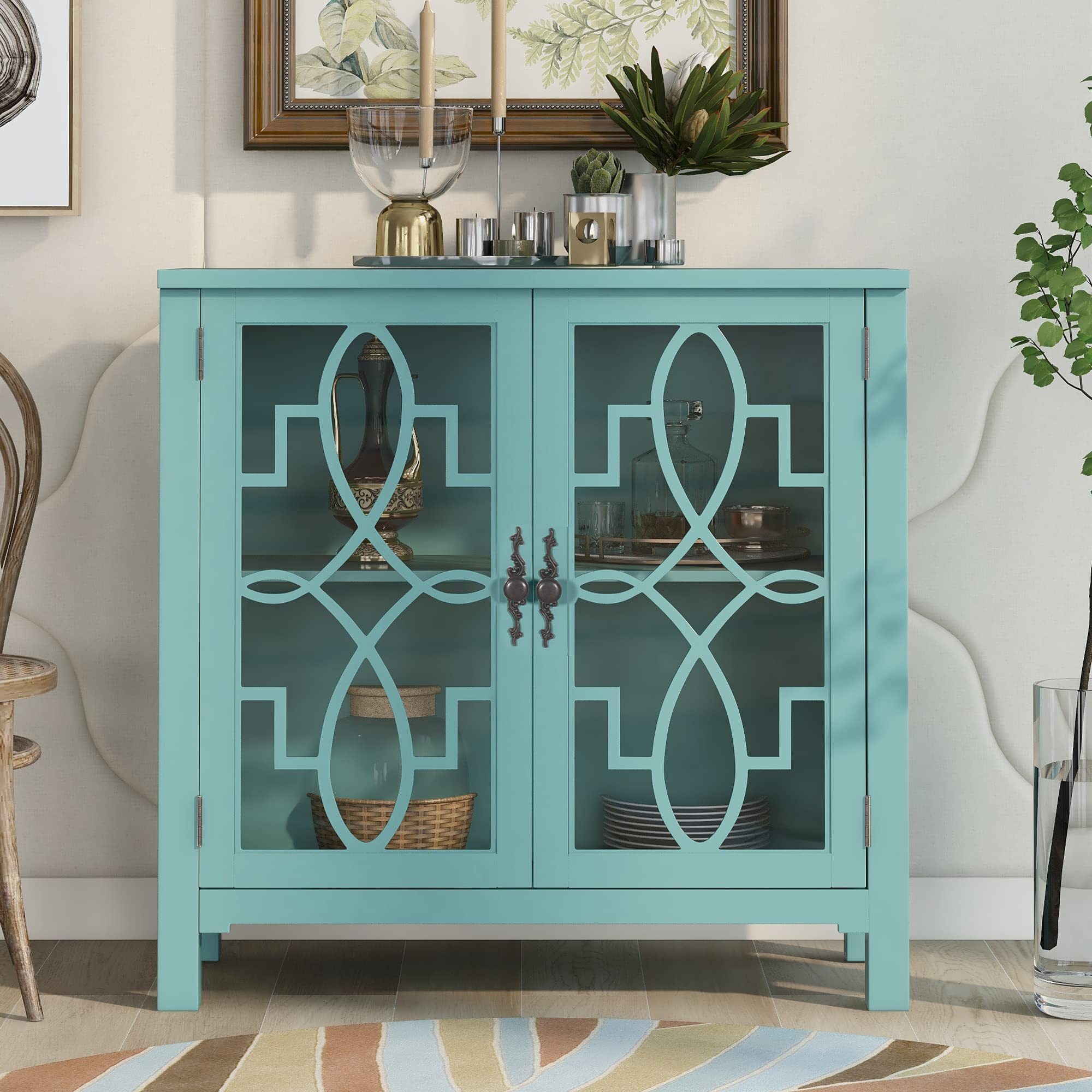 Modern Wood Accent Buffet Sideboard with Fretwork Doors - Adjustable Shelf Storage Cabinet for Dining Room, Kitchen & Living Room - Navy Green Buffet Table for Home Decor & Entertaining (4-Piece)