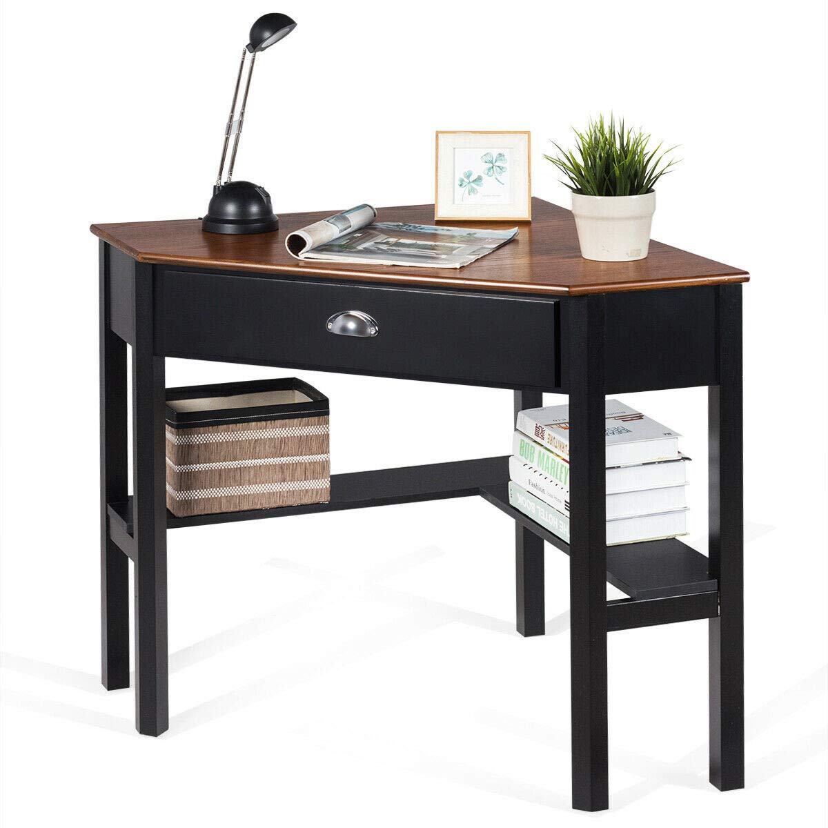 Compact Corner Desk for Home Office - 90° Triangle Computer & Laptop Writing Desk with Storage Shelf & Drawer - Space-Saving Small Office Furniture for Apartments & Dorm Rooms (Coffee Finish)