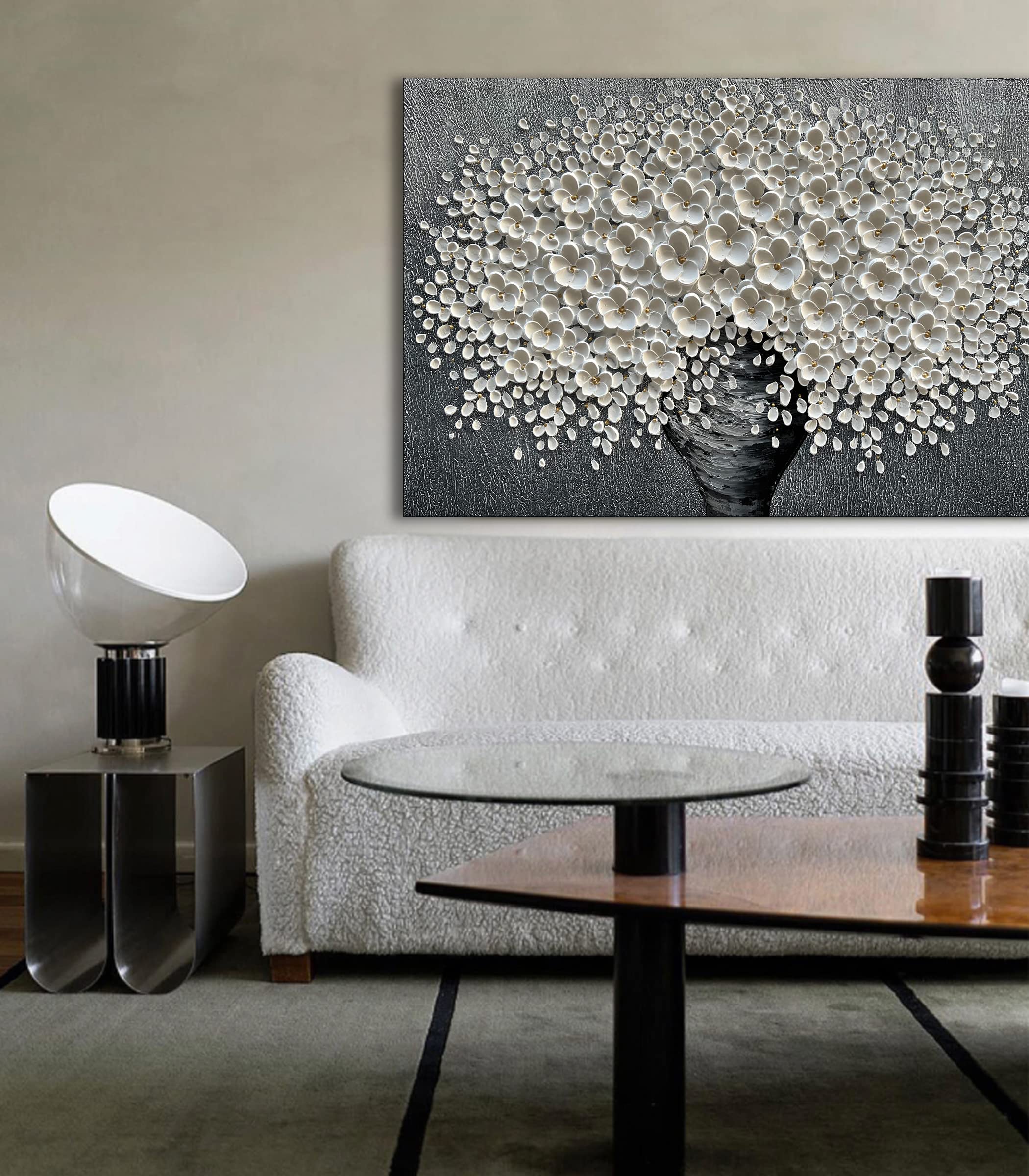 Epicler 30x45 Inch Hand-Painted White Bouquet Oil Painting on Canvas - Elegant Floral Wall Art Decor for Living Room, Bedroom & Office
