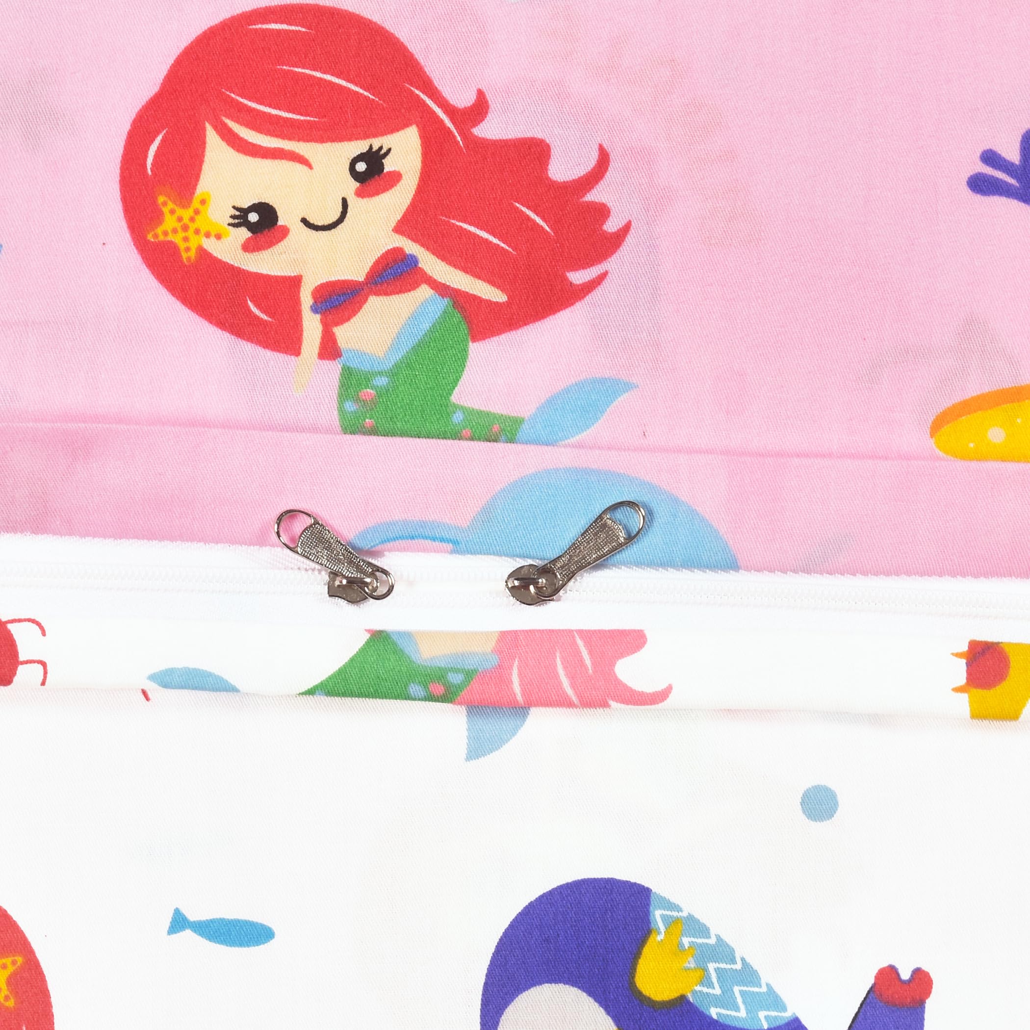 **Pink Mermaid Reversible Duvet Cover & Pillowcase Set for Kids - 100% Cotton Twin Size (60