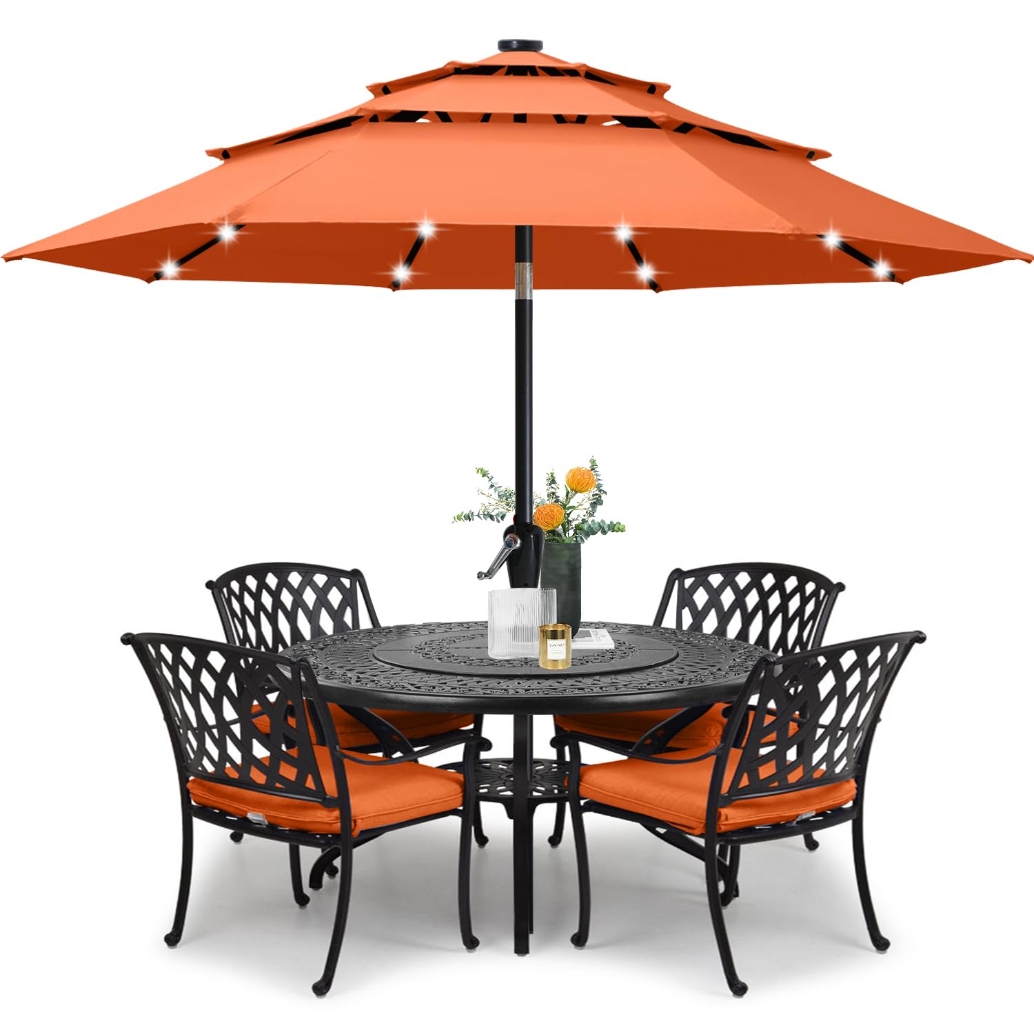 ABCCANOPY 9FT Solar LED Patio Umbrella - 3-Tier Outdoor Market Umbrella with Auto-Tilt & Wind Vent (Orange) - Perfect for Backyard, Poolside, Beach, and Outdoor Dining Areas