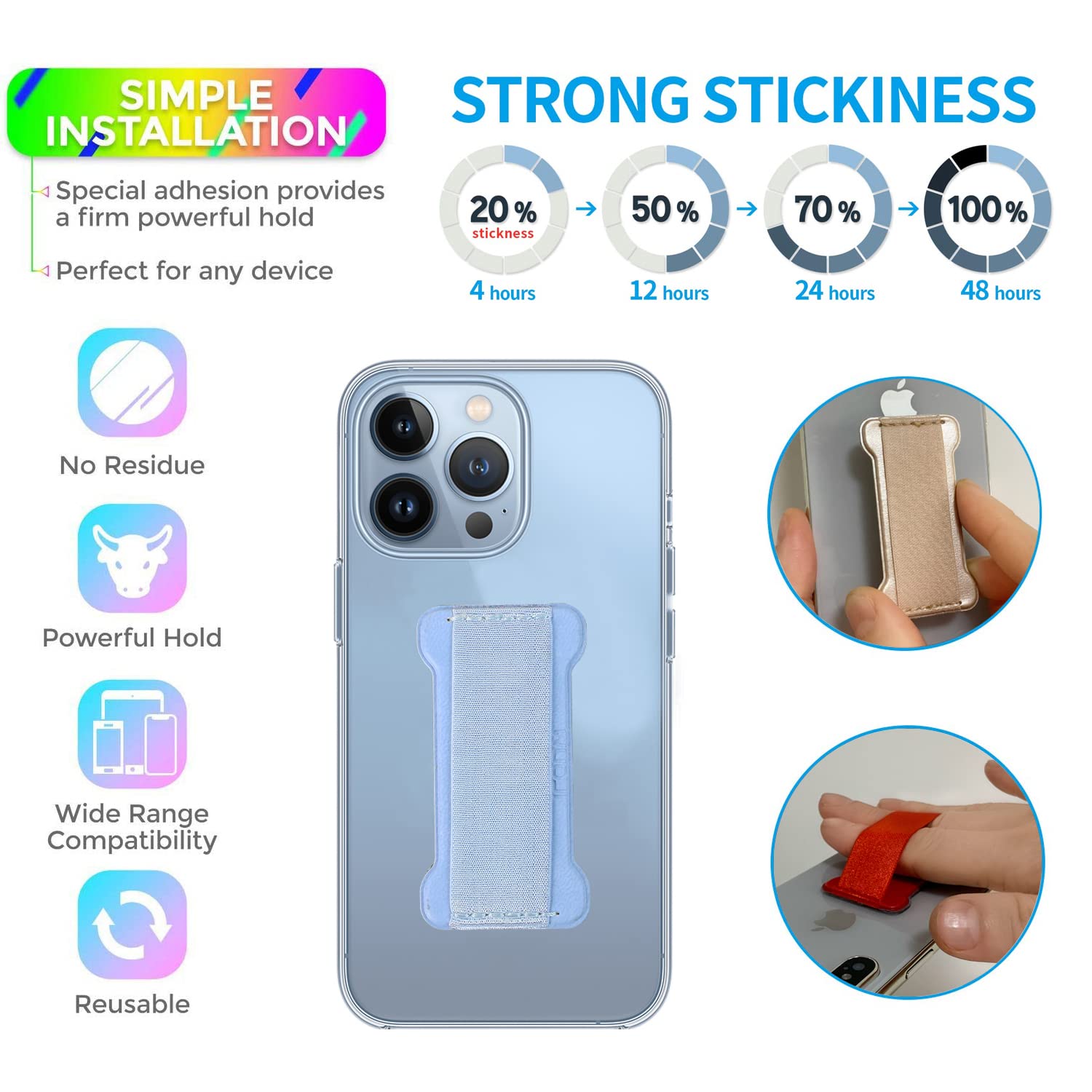 Universal Phone Grip Holder for Hands - 2 Pack Finger Strap Phone Holder with Selfie Grip, Compatible with Most Smartphones (Light Blue) - Perfect for Selfies, Gaming, and One-Handed Phone Use