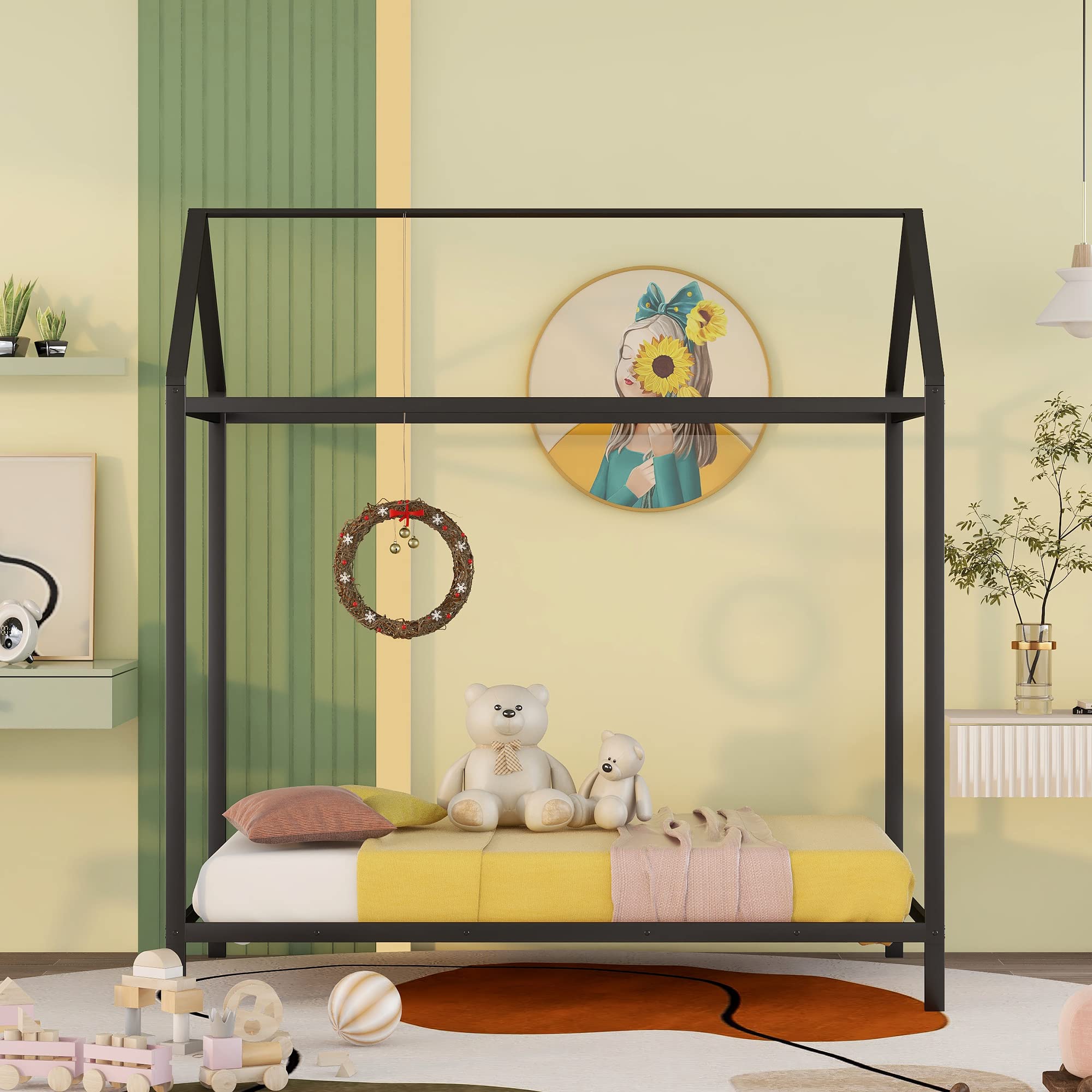 Montessori Twin House Bed Frame - Metal Floor Bed for Toddlers, Kids, Boys & Girls - Durable Black Toddler Bed for Daycare, Nursery & Kids' Bedroom