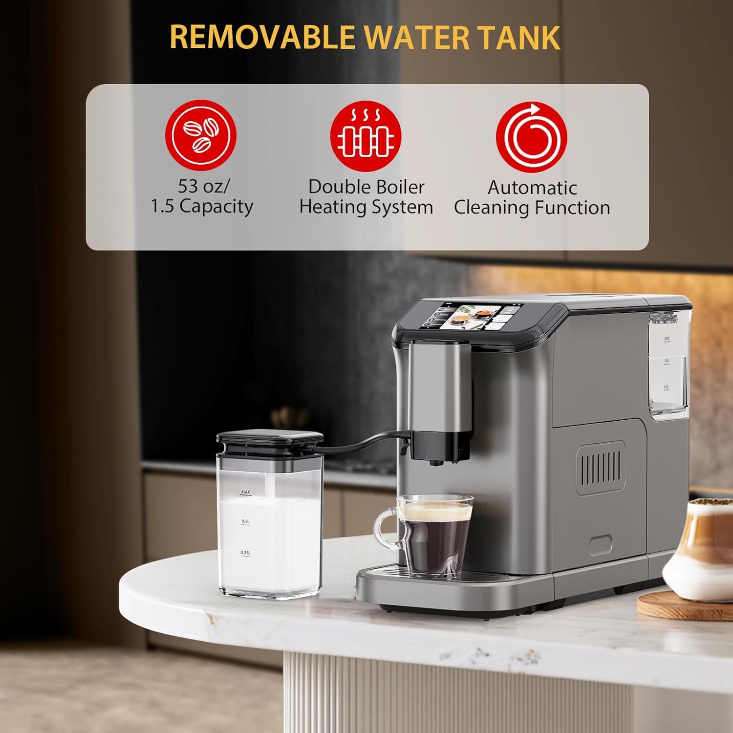 DEXSO Fully Automatic Espresso Machine with TFT Screen - 20 Bar Pressure, Built-in Grinder & Milk Frother - Perfect for Cappuccino, Latte & Espresso - Ideal for Home Coffee Bars & Office Use (Grey)