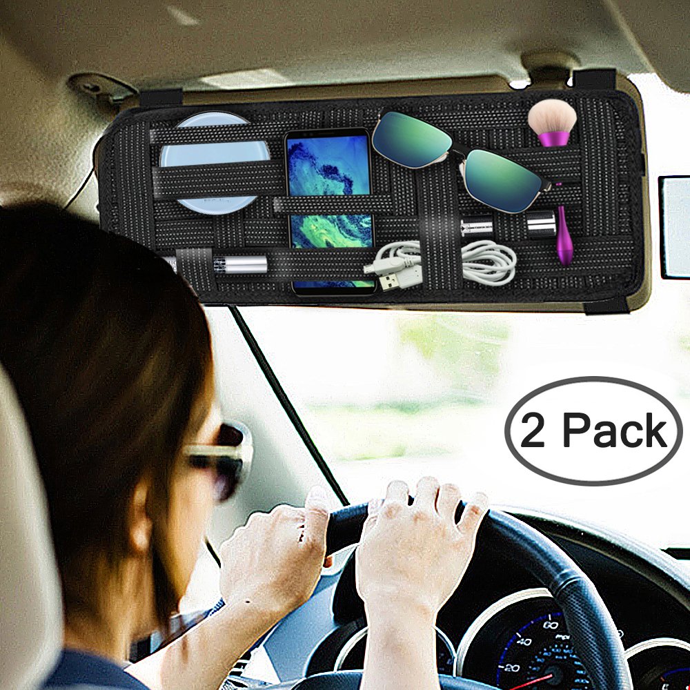 SourceTon 2 Pack Car Sun Visor Organizer - Anti-Slip Elastic Woven Storage Board for Sunglasses, Parking Tickets & Fuel Cards | Perfect for Road Trips & Daily Commute