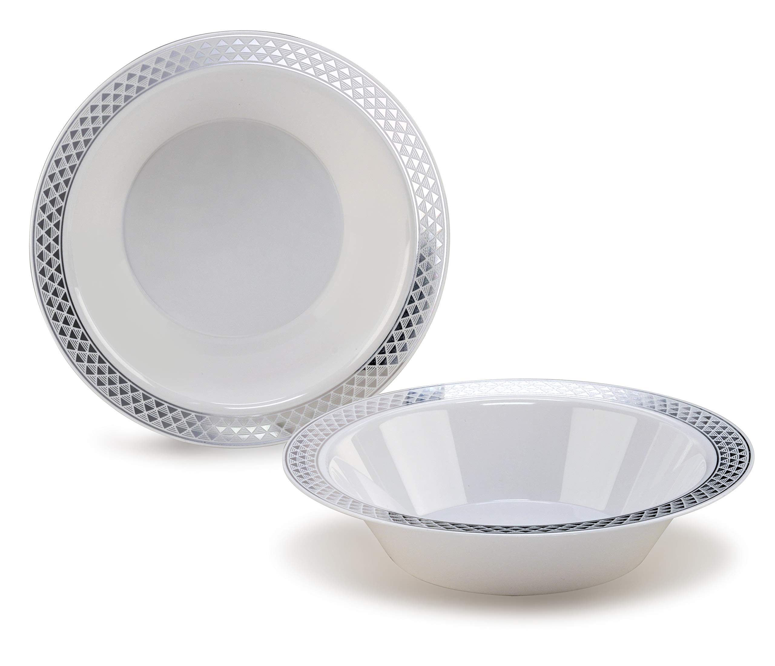 60-Piece Heavyweight Disposable Plastic Plates & Bowls Set - 14oz Soup Bowls for Weddings, Parties & Celebrations (Elegant White & Silver) - Perfect for Catering, Events & Home Entertaining