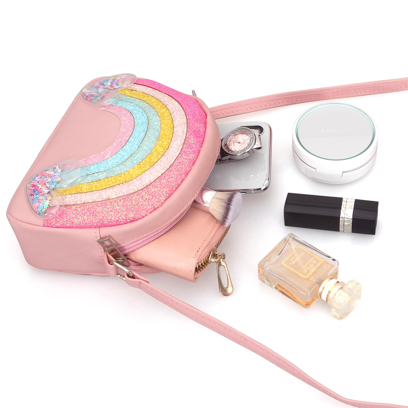 **Adorable Pink Rainbow Crossbody Bag for Little Girls & Toddlers - Small Shoulder Purse with Wallet, Perfect for School, Travel & Playdates**