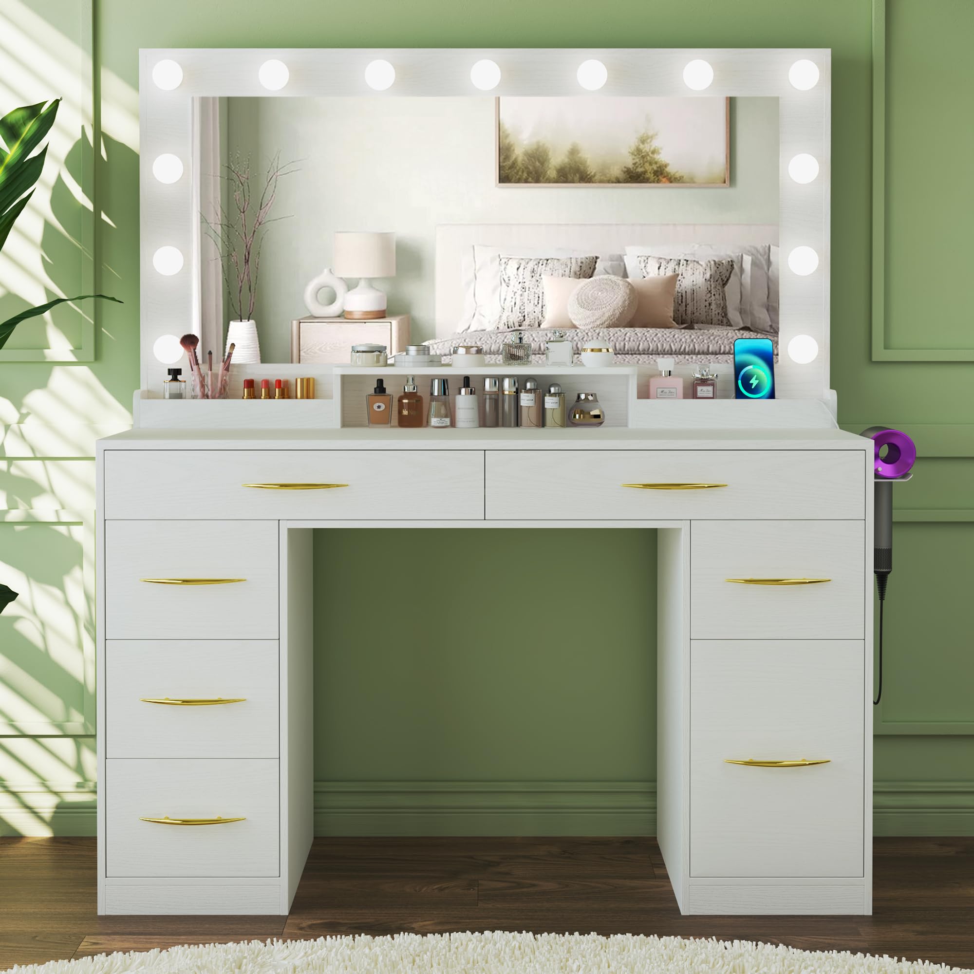 White Makeup Vanity Desk with LED Lights & Large Mirror - 6 Drawers, 1 Cabinet & Power Outlet - 3 Adjustable Lighting Colors for Bedroom, Dressing Room & Beauty Salon