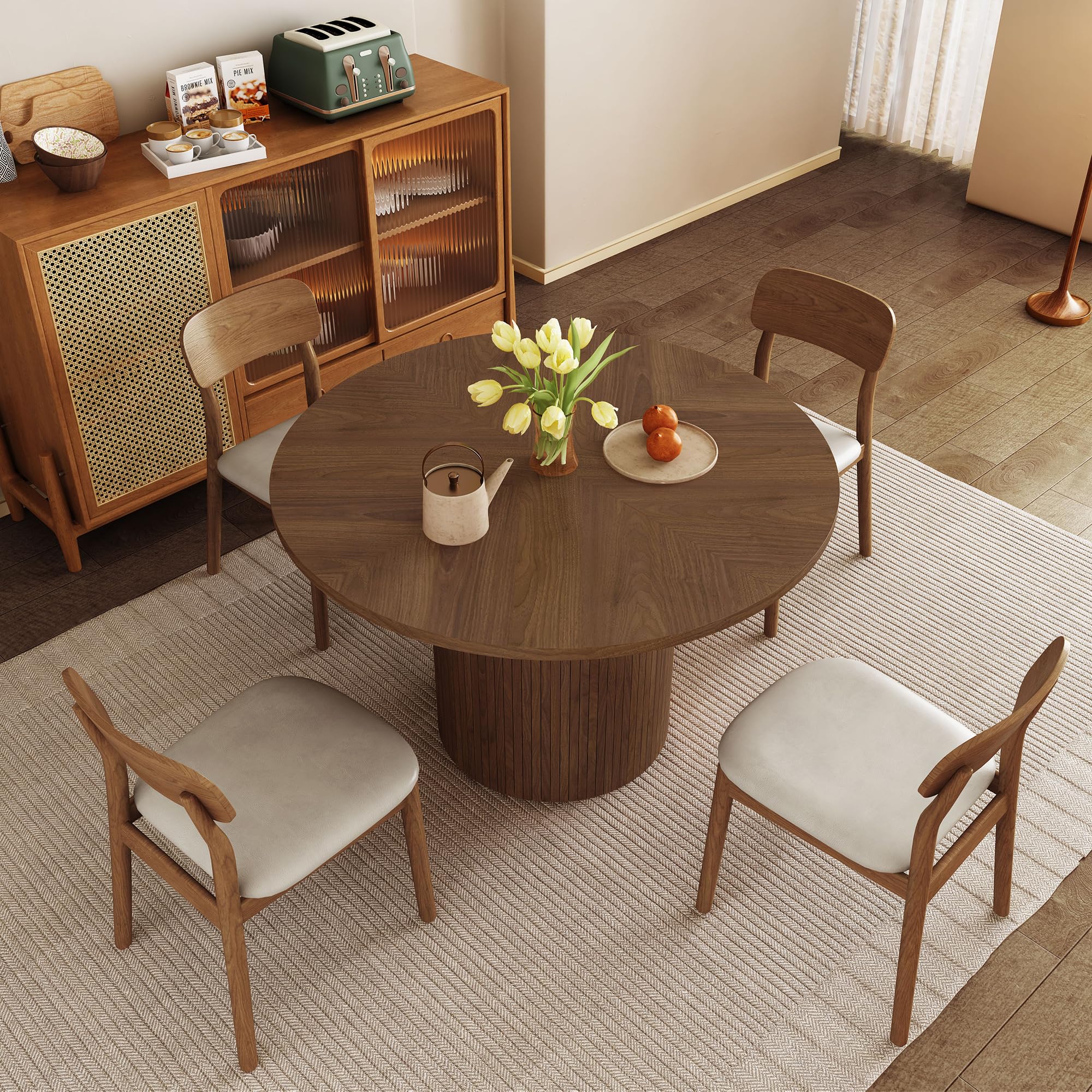 47 Inch Round Dining Table for 4 - Modern Farmhouse Kitchen Table with Wood Strip Base - Solid Wood Circle Dining Table for Small Spaces - Perfect for Kitchen, Living Room & Breakfast Nook (Walnut)