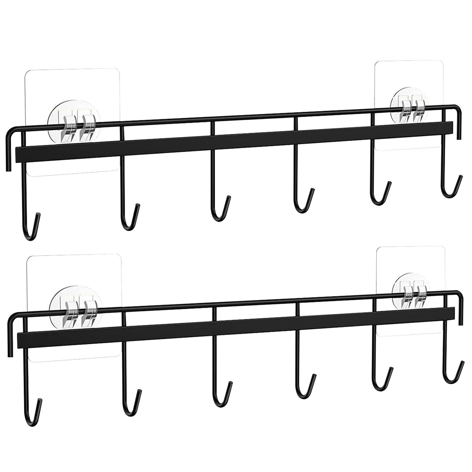 Strong Adhesive Wall Hooks Rack - No Drill Kitchen Utensil Holder with 6 Hooks - Space Saving Wall Mounted Organizer for Spoons, Knives, Towels - Perfect for Small Kitchens, Dorms, RVs & Bathrooms