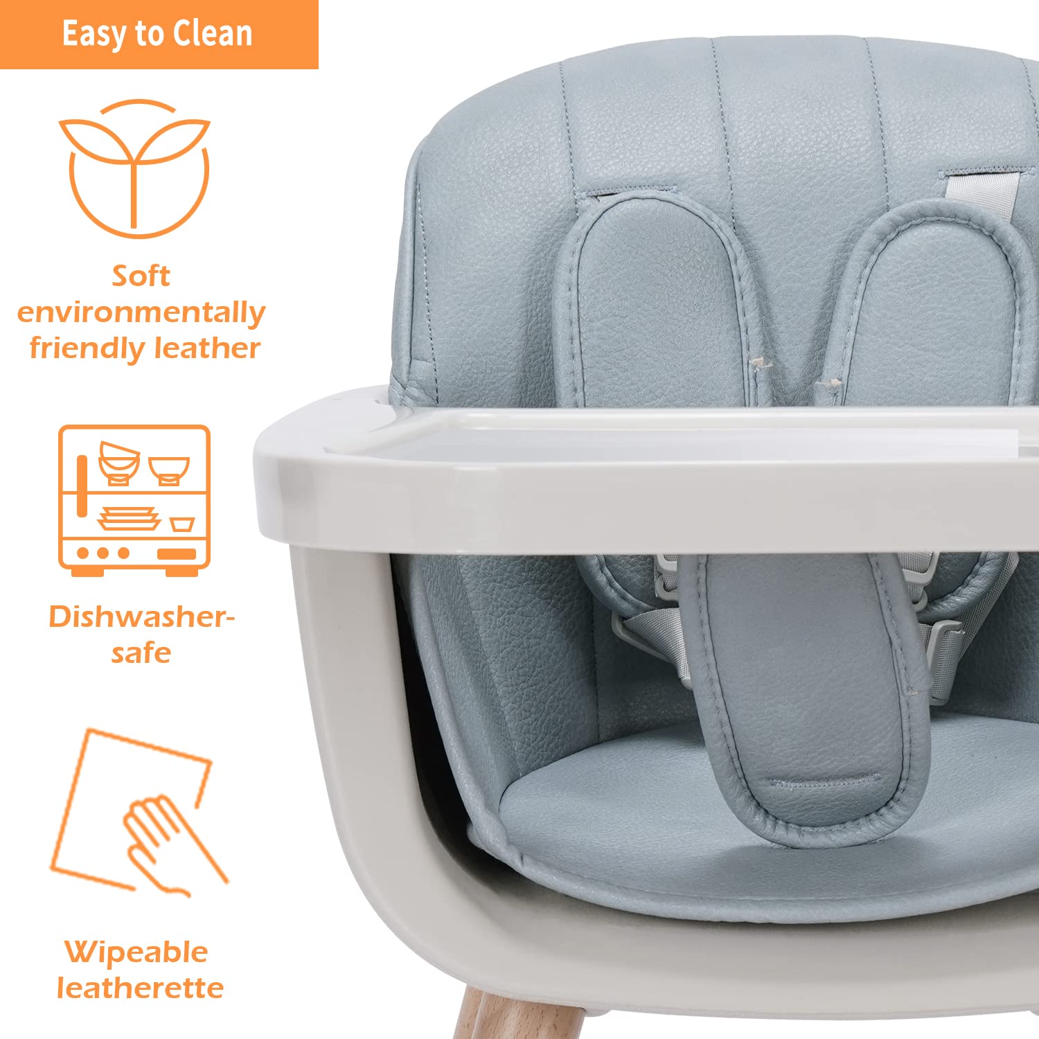 3-in-1 Convertible Wooden High Chair for Babies & Toddlers | Adjustable Height & Dishwasher Safe Tray | Premium Hardwood & Leatherette Construction | Blue | Perfect for Dining, Feeding & Learning Playtime